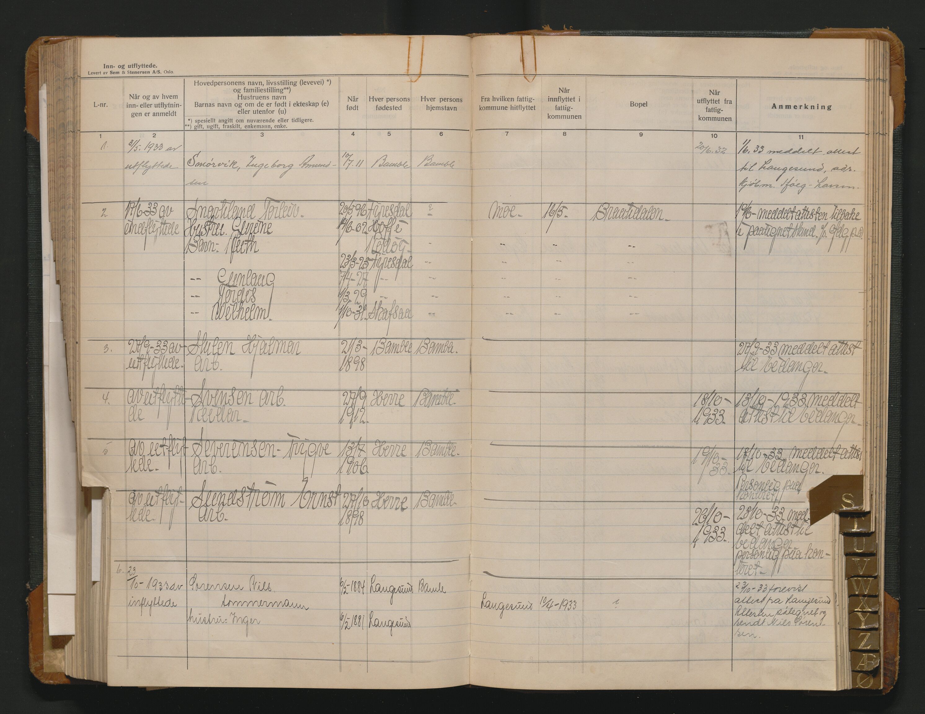 Bamble lensmannskontor, AV/SAKO-A-552/O/Oa/L0003: Protokoll over inn- og utflyttede - Bamble, 1933-1942
