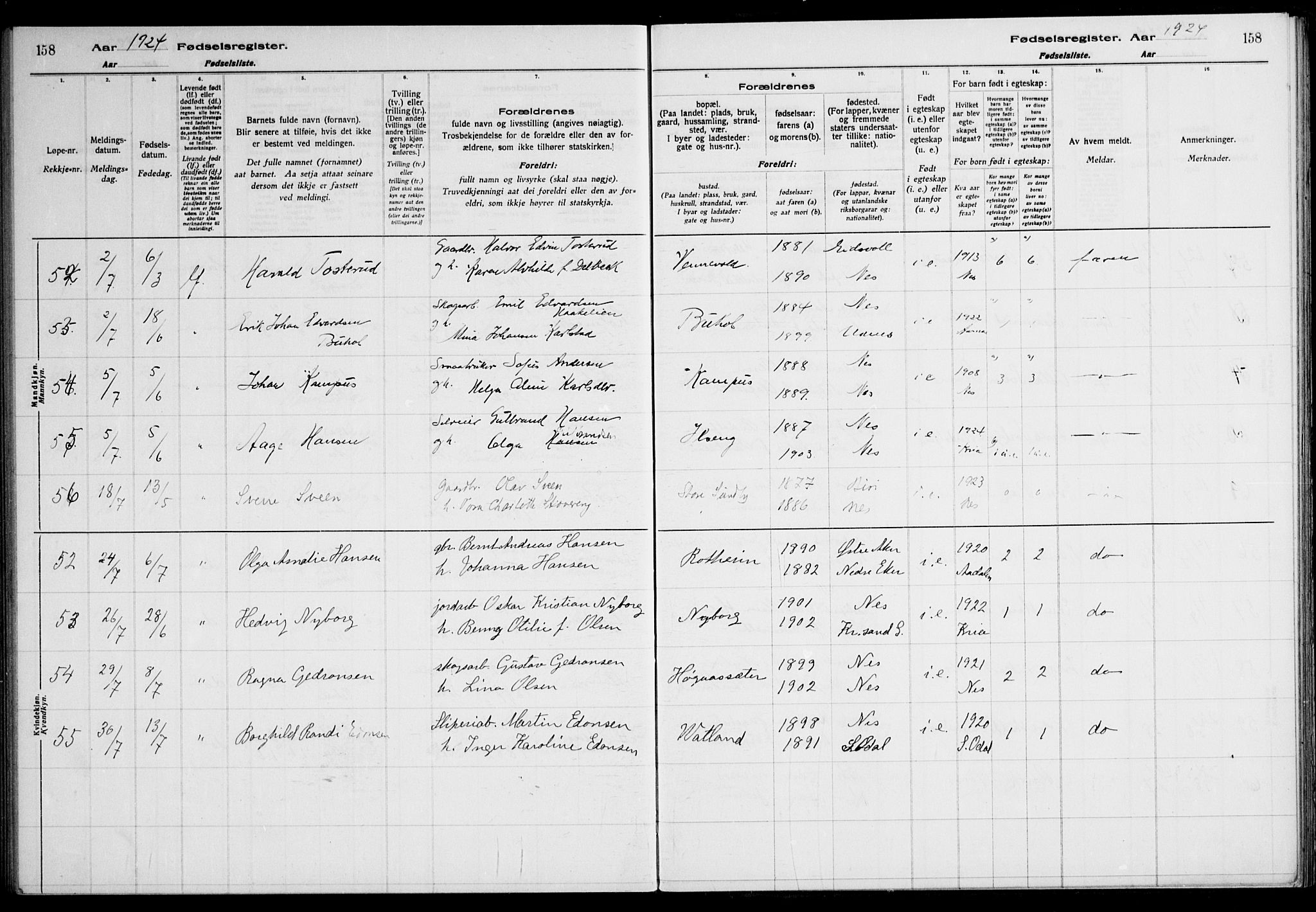 Nes prestekontor Kirkebøker, AV/SAO-A-10410/J/Ja/L0001: Birth register no. 1, 1916-1926, p. 158