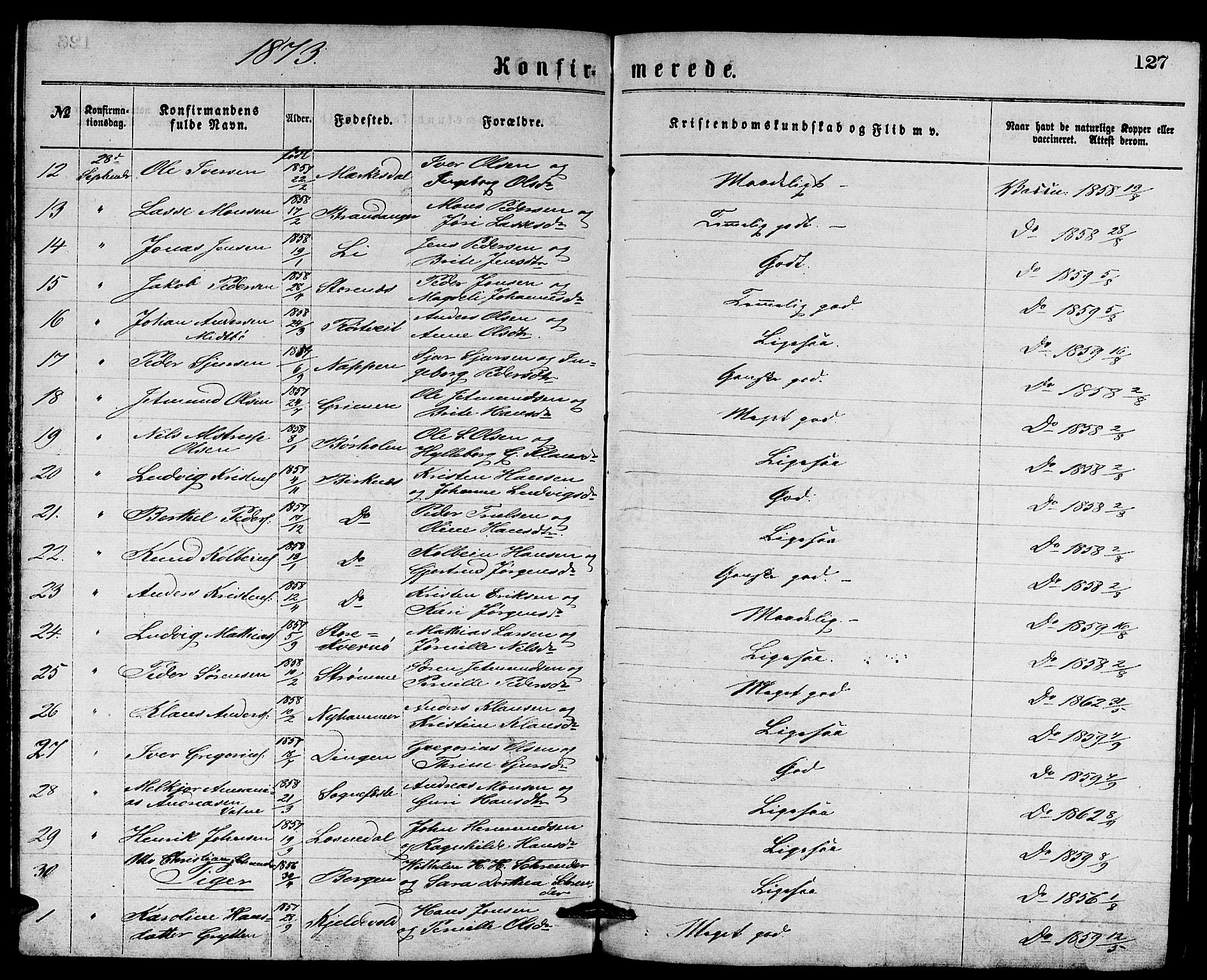 Gulen sokneprestembete, AV/SAB-A-80201/H/Hab/Habb/L0002: Parish register (copy) no. B 2, 1867-1883, p. 127