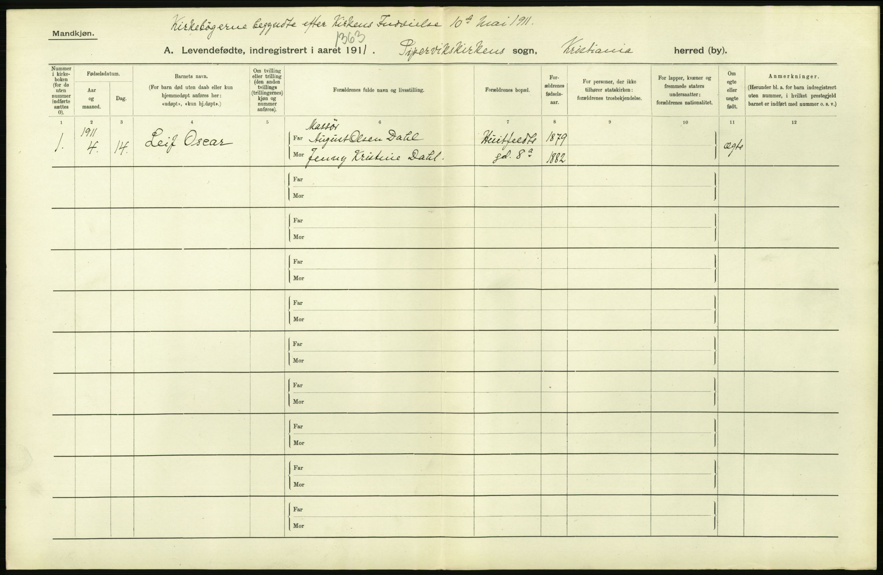 Statistisk sentralbyrå, Sosiodemografiske emner, Befolkning, AV/RA-S-2228/D/Df/Dfb/Dfba/L0006: Kristiania: Levendefødte menn., 1911, p. 630