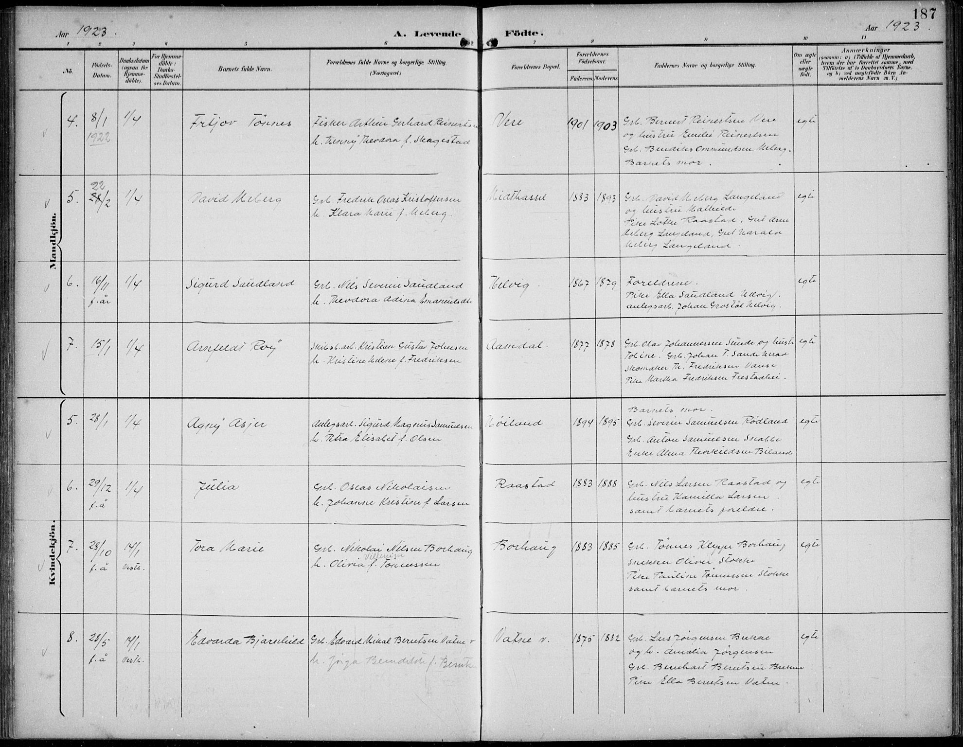 Lista sokneprestkontor, AV/SAK-1111-0027/F/Fb/L0005: Parish register (copy) no. B 5, 1892-1923, p. 187