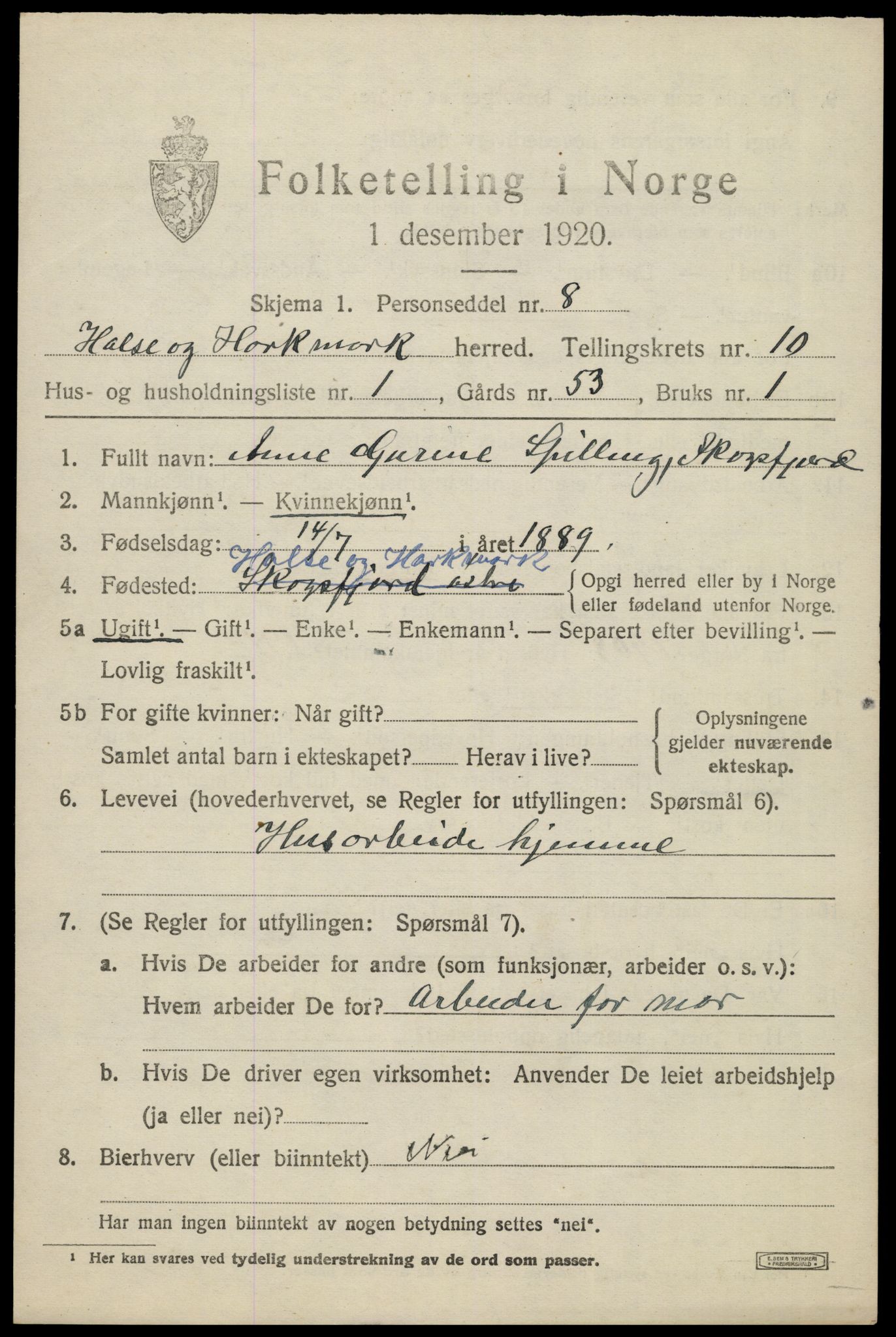 SAK, 1920 census for Halse og Harkmark, 1920, p. 5623