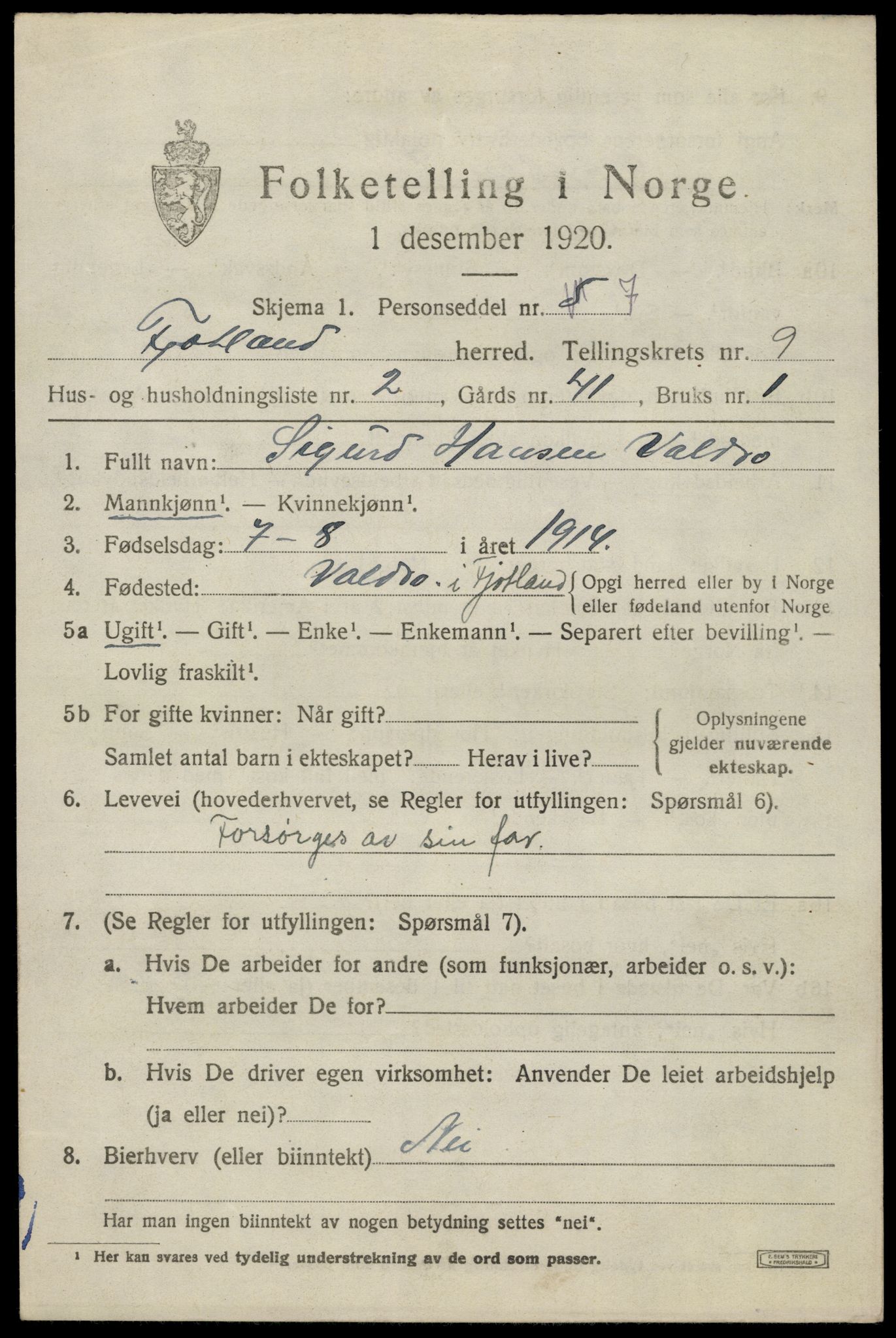 SAK, 1920 census for Fjotland, 1920, p. 2244
