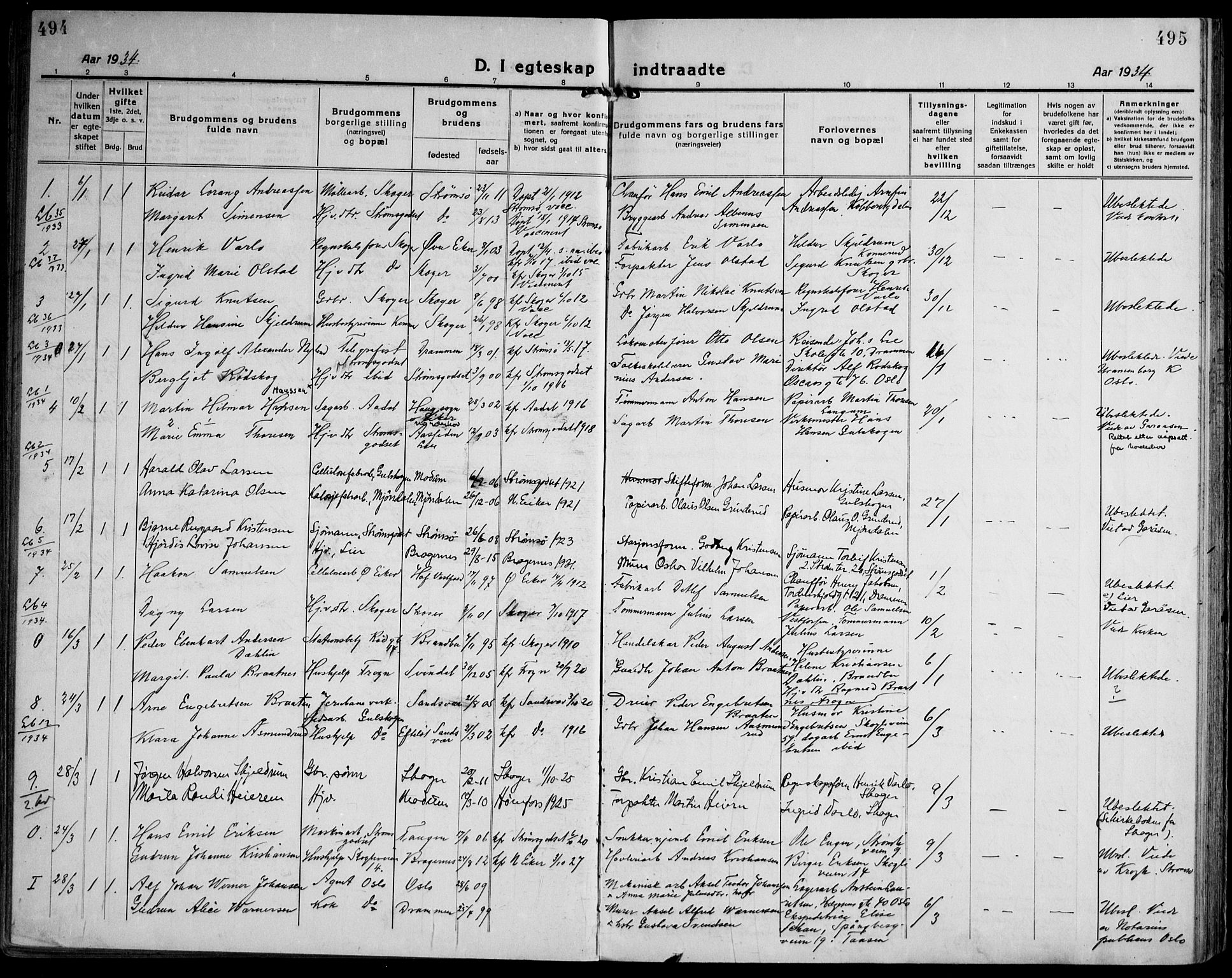 Strømsgodset kirkebøker, AV/SAKO-A-324/F/Fa/L0003: Parish register (official) no. 3, 1920-1936, p. 494-495