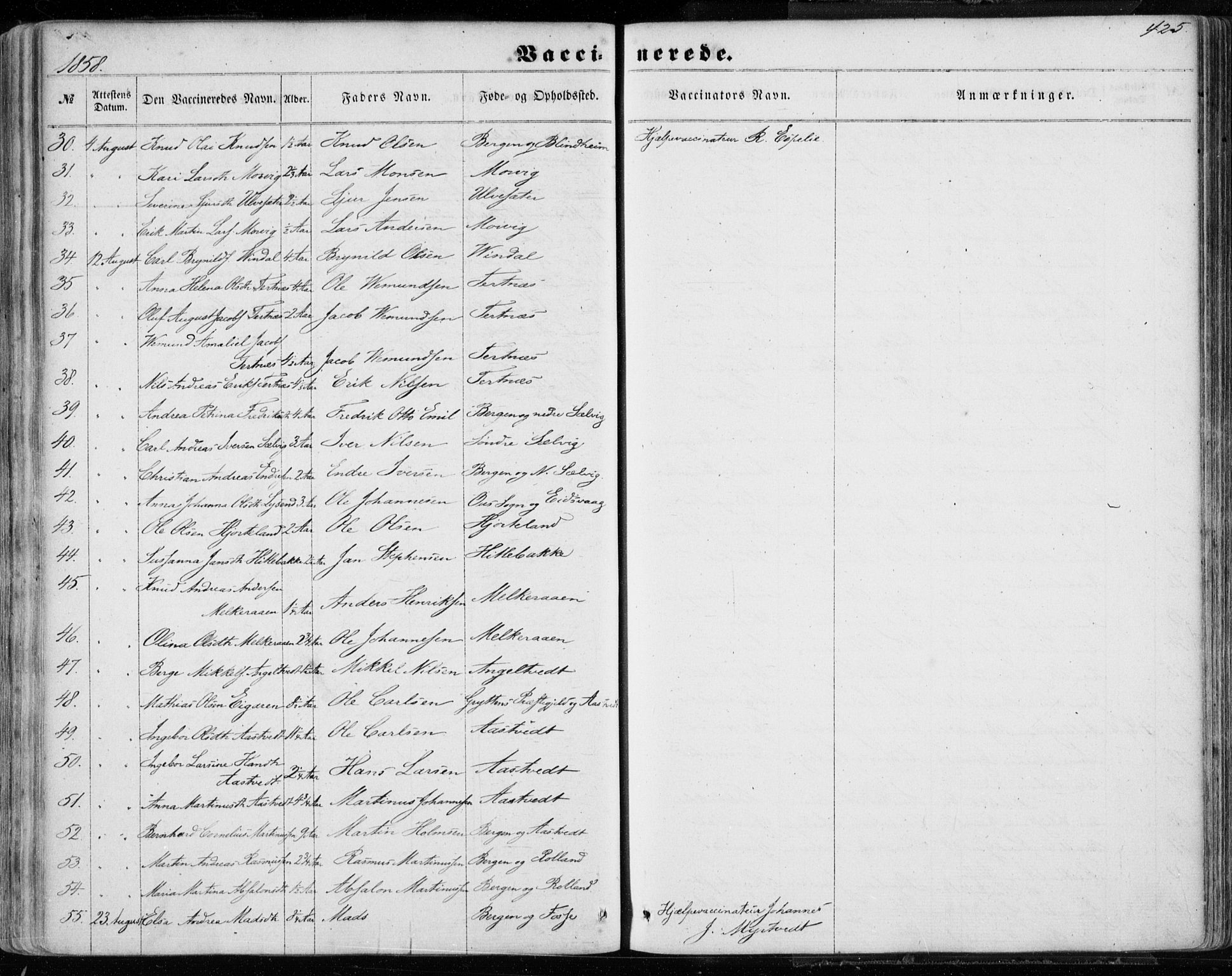Hamre sokneprestembete, SAB/A-75501/H/Ha/Haa/Haaa/L0014: Parish register (official) no. A 14, 1858-1872, p. 425