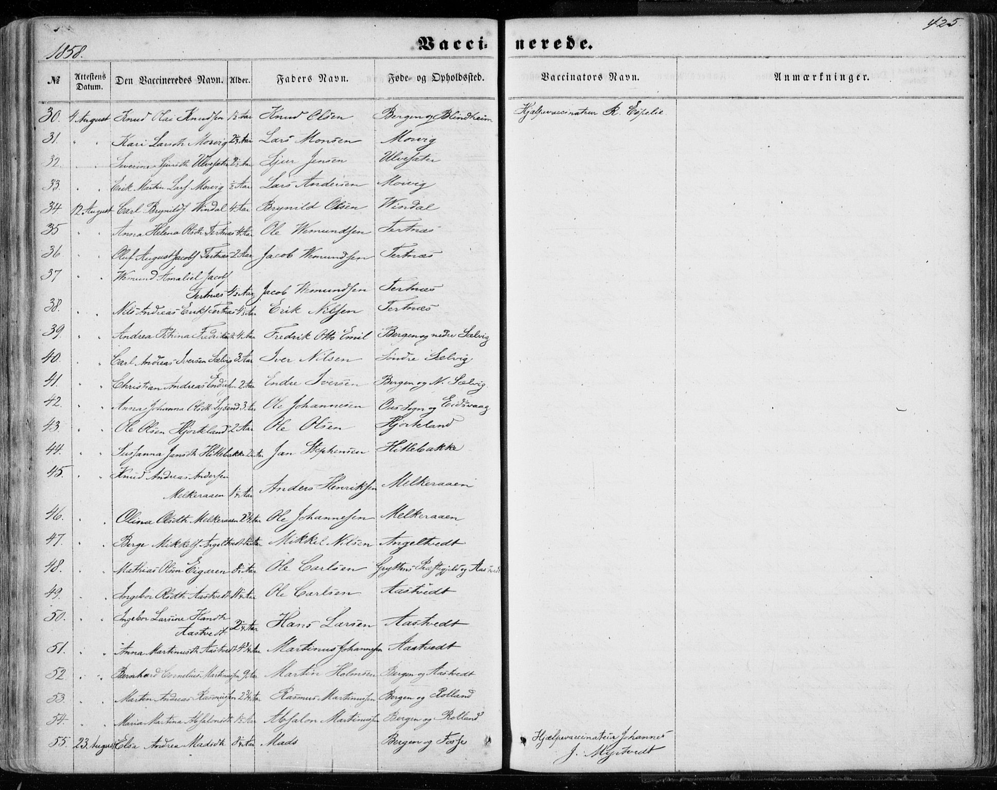 Hamre sokneprestembete, AV/SAB-A-75501/H/Ha/Haa/Haaa/L0014: Parish register (official) no. A 14, 1858-1872, p. 425