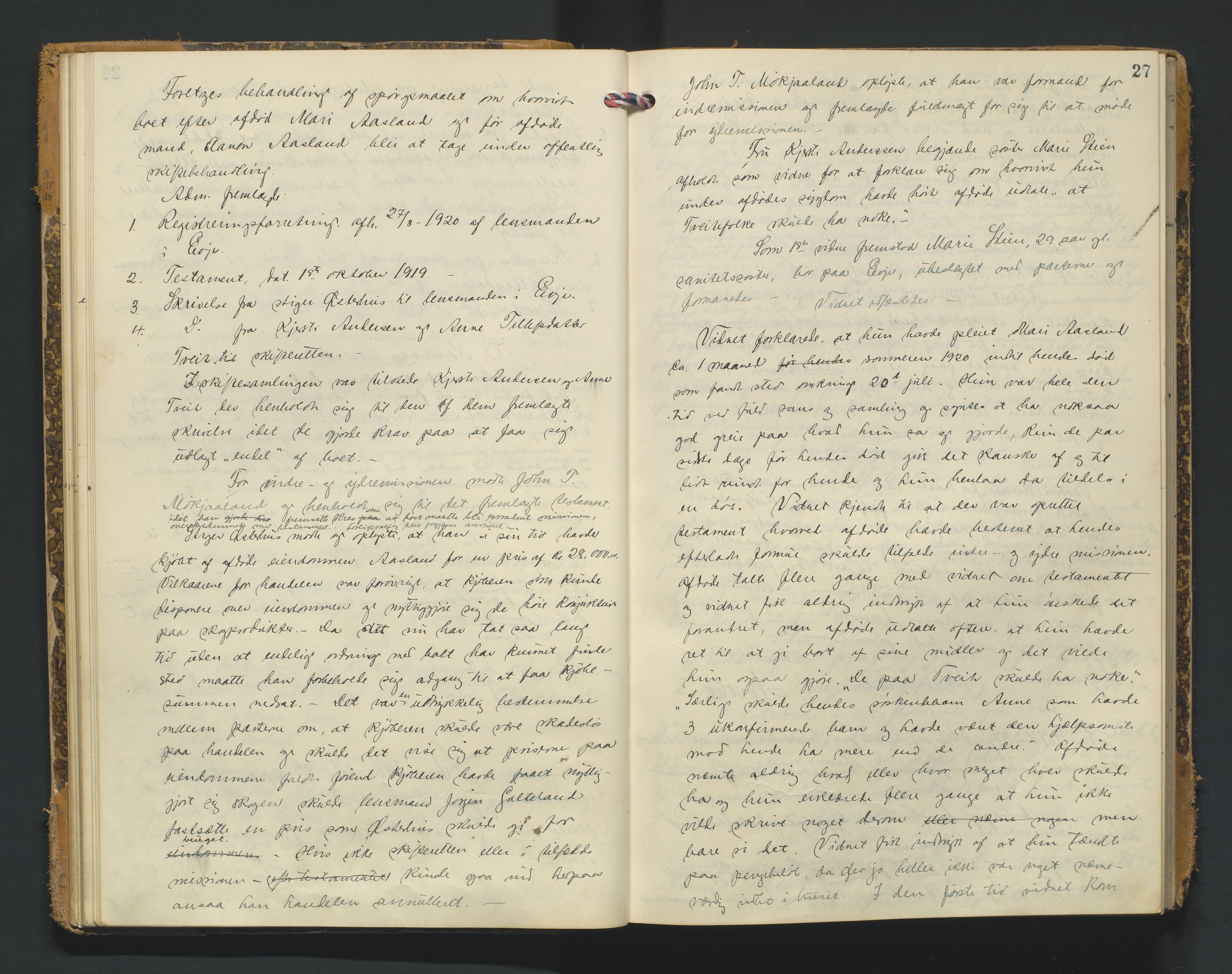 Setesdal sorenskriveri, AV/SAK-1221-0011/H/Hc/L0040: Skifteforhandlingsprotokoll nr 12, 1920-1927, p. 27