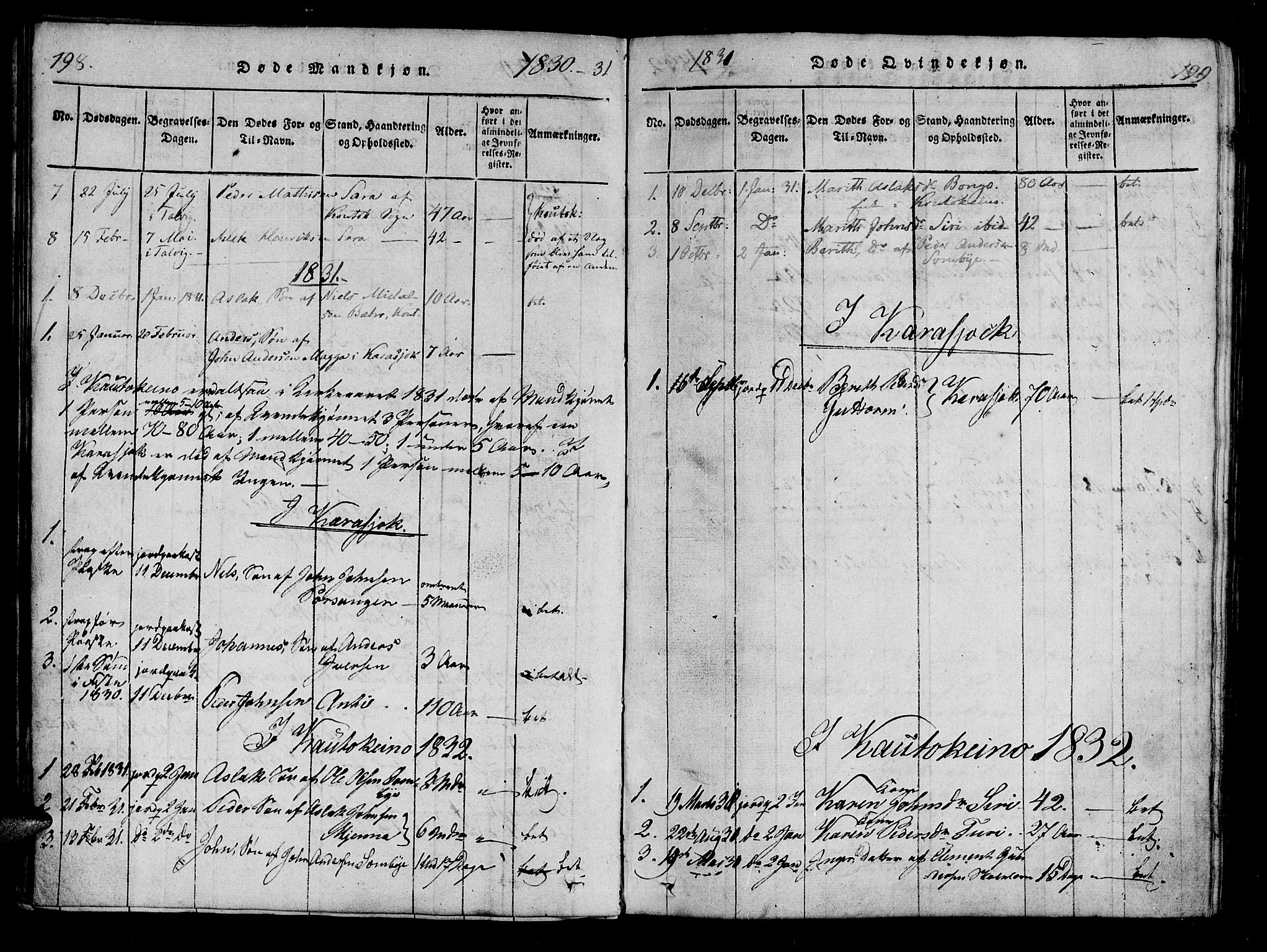 Kistrand/Porsanger sokneprestembete, SATØ/S-1351/H/Ha/L0010.kirke: Parish register (official) no. 10, 1821-1842, p. 198-199