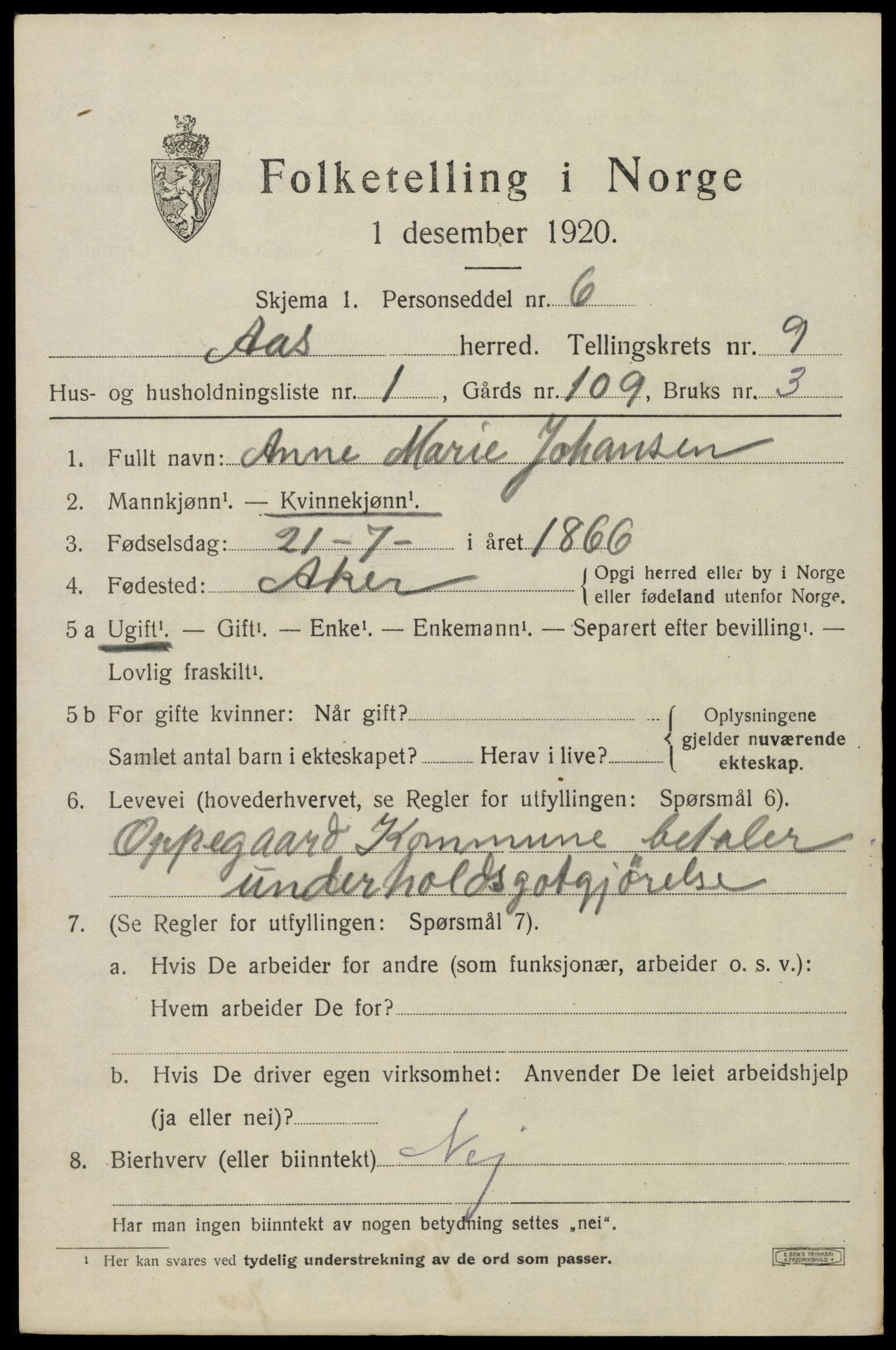 SAO, 1920 census for Ås, 1920, p. 8346