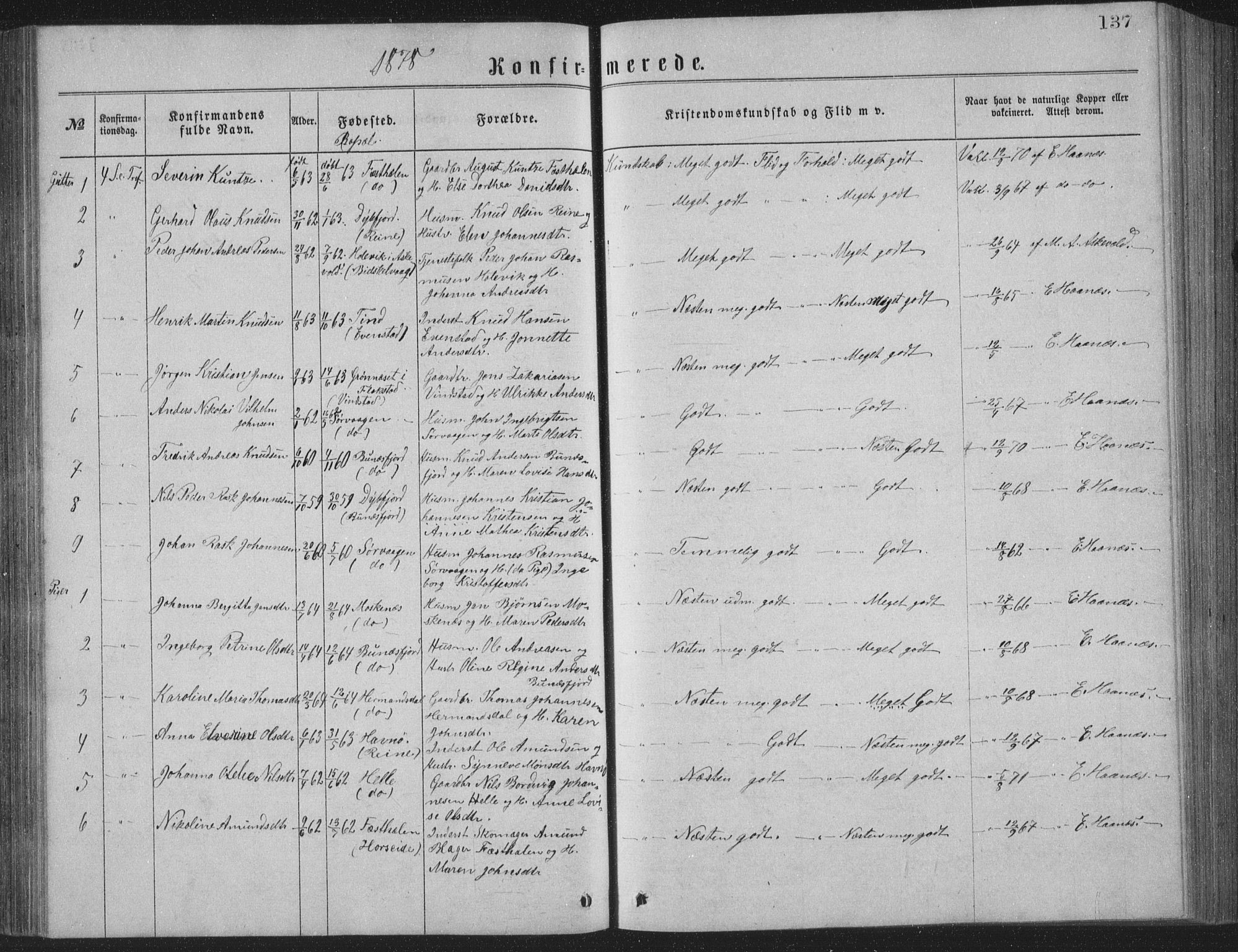 Ministerialprotokoller, klokkerbøker og fødselsregistre - Nordland, AV/SAT-A-1459/886/L1225: Parish register (copy) no. 886C02, 1874-1896, p. 137