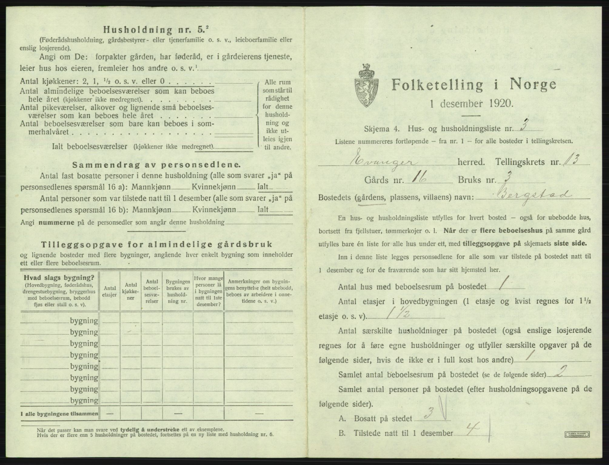 SAB, 1920 census for Evanger, 1920, p. 615