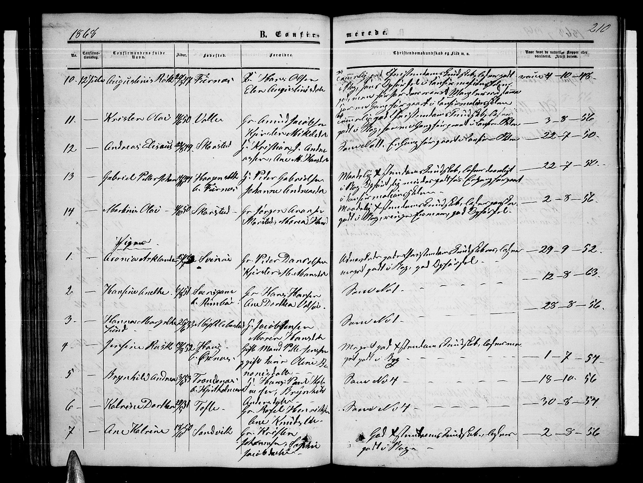 Ministerialprotokoller, klokkerbøker og fødselsregistre - Nordland, AV/SAT-A-1459/872/L1046: Parish register (copy) no. 872C02, 1852-1879, p. 210