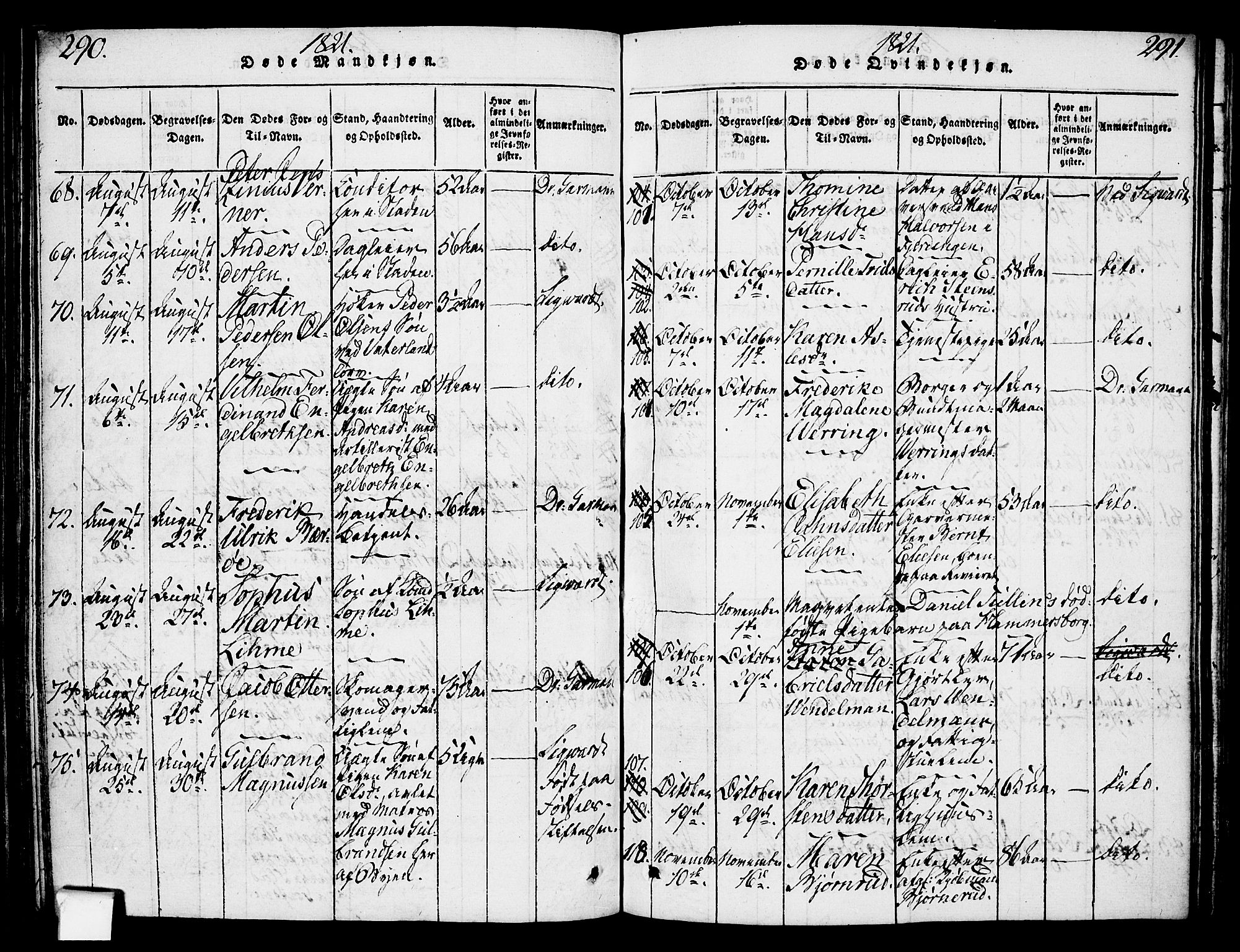 Oslo domkirke Kirkebøker, SAO/A-10752/F/Fa/L0007: Parish register (official) no. 7, 1817-1824, p. 290-291