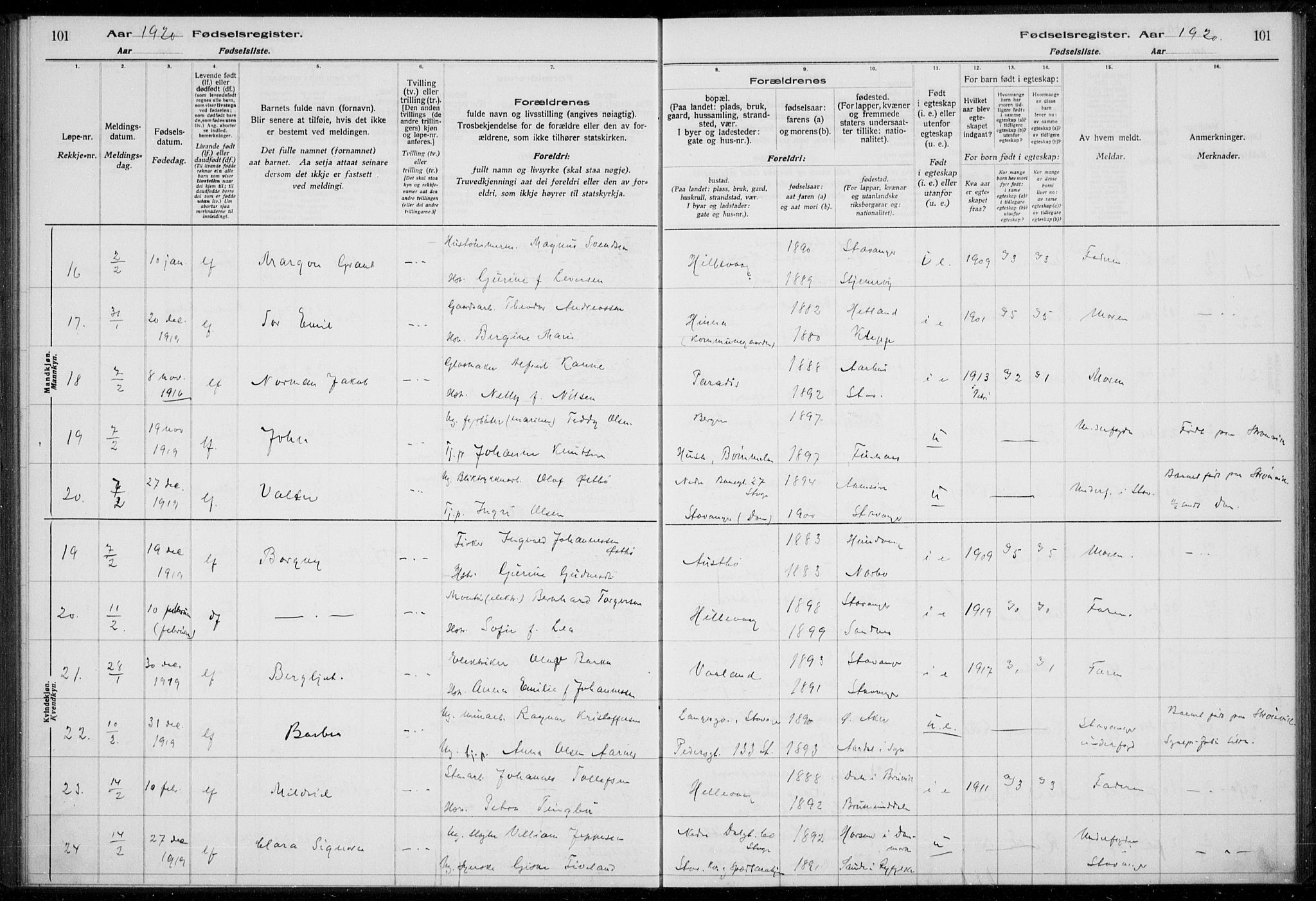Hetland sokneprestkontor, SAST/A-101826/70/704BA/L0003: Birth register no. 1, 1916-1923, p. 101