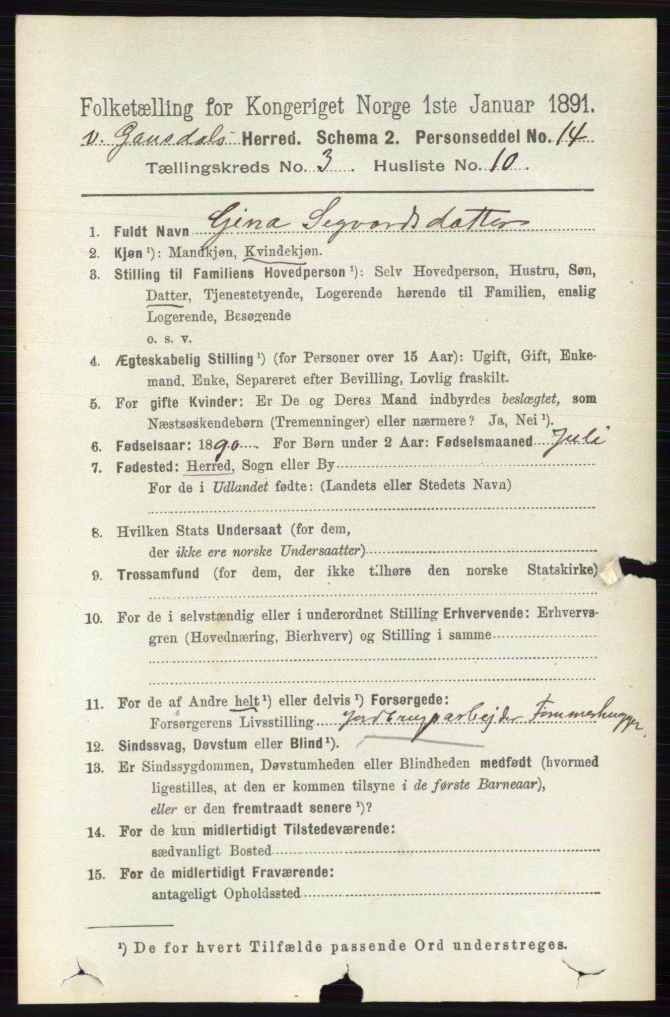 RA, 1891 census for 0523 Vestre Gausdal, 1891, p. 1313