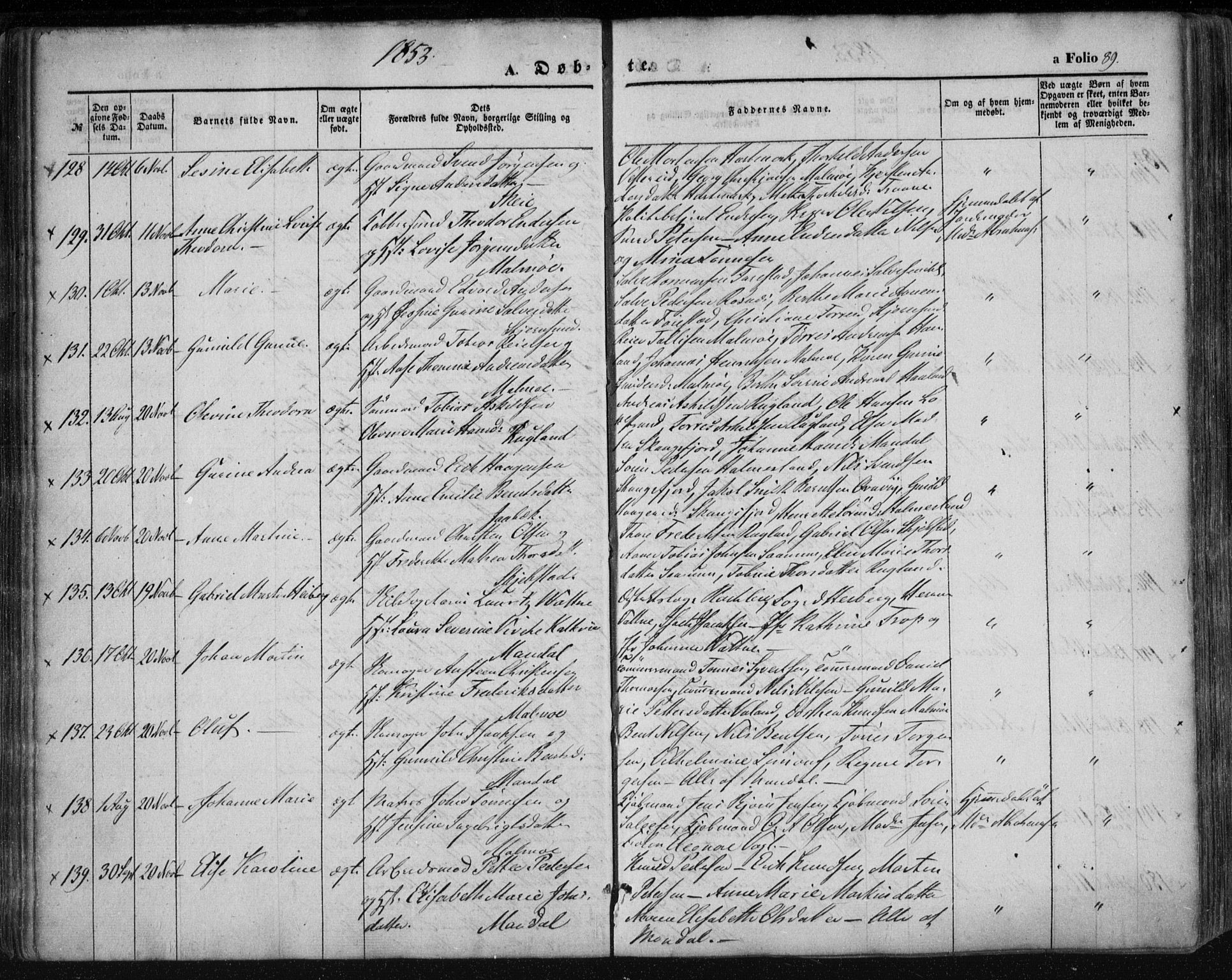 Mandal sokneprestkontor, AV/SAK-1111-0030/F/Fa/Faa/L0013: Parish register (official) no. A 13, 1847-1859, p. 89