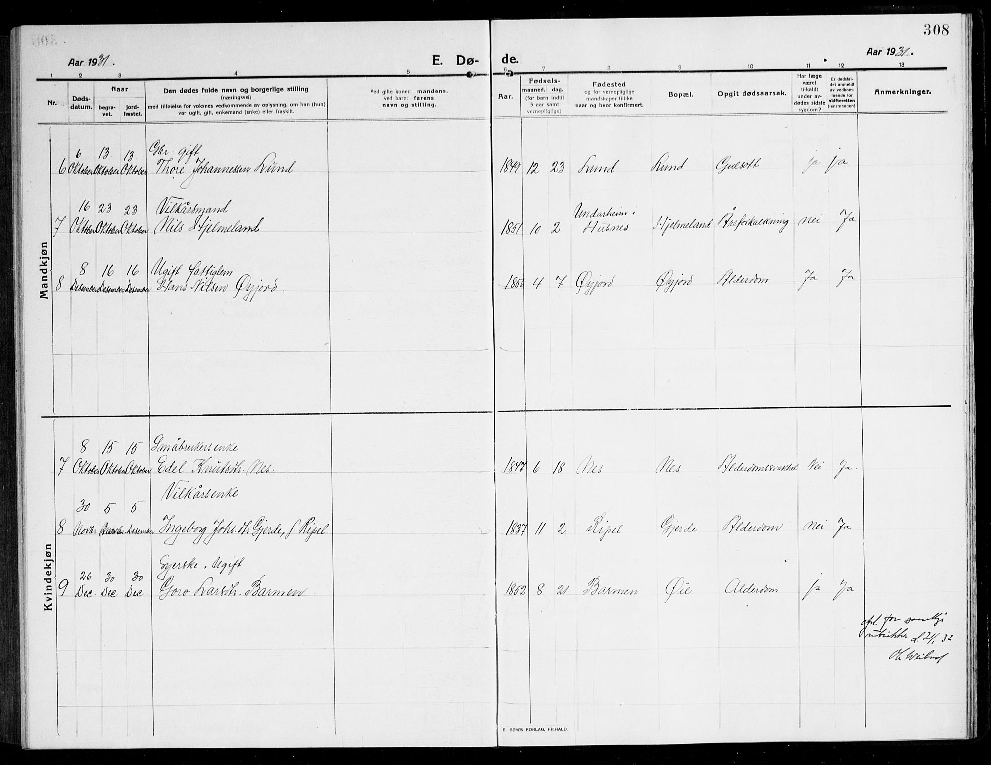 Kvinnherad sokneprestembete, AV/SAB-A-76401/H/Hab: Parish register (copy) no. A 3, 1911-1945, p. 308