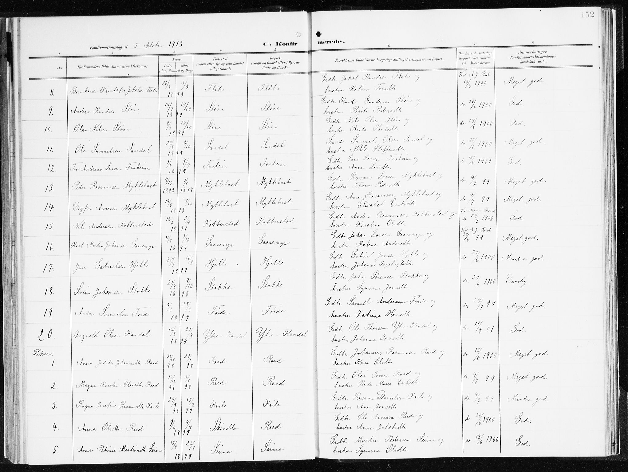 Gloppen sokneprestembete, AV/SAB-A-80101/H/Haa/Haac/L0003: Parish register (official) no. C 3, 1904-1921, p. 152