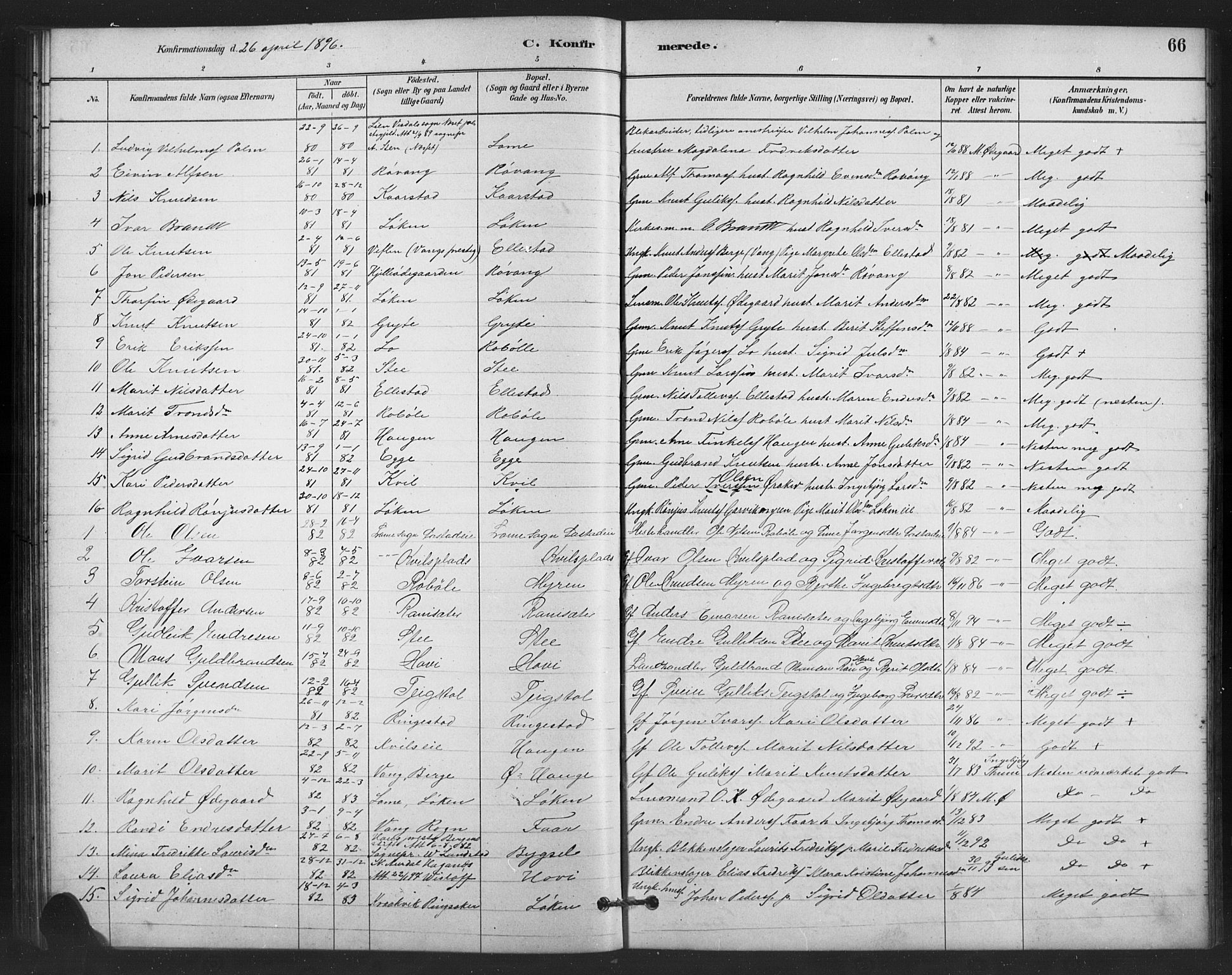 Vestre Slidre prestekontor, SAH/PREST-136/H/Ha/Hab/L0006: Parish register (copy) no. 6, 1881-1915, p. 66