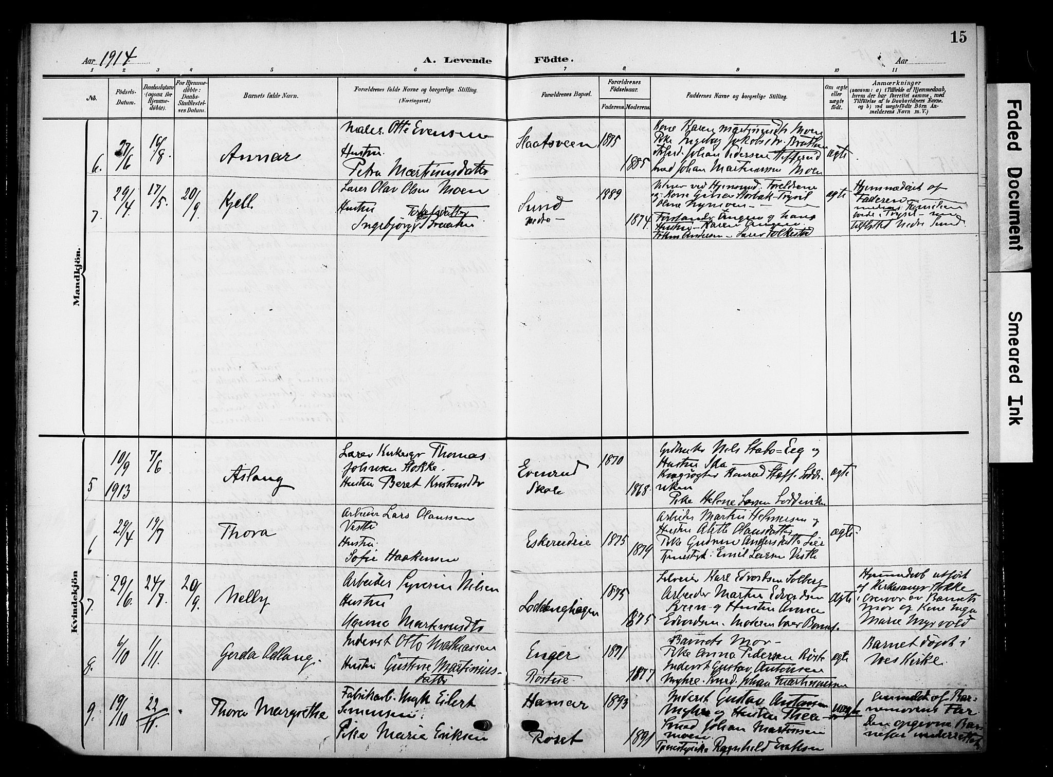 Nes prestekontor, Hedmark, SAH/PREST-020/K/Ka/L0012: Parish register (official) no. 12, 1906-1920, p. 15