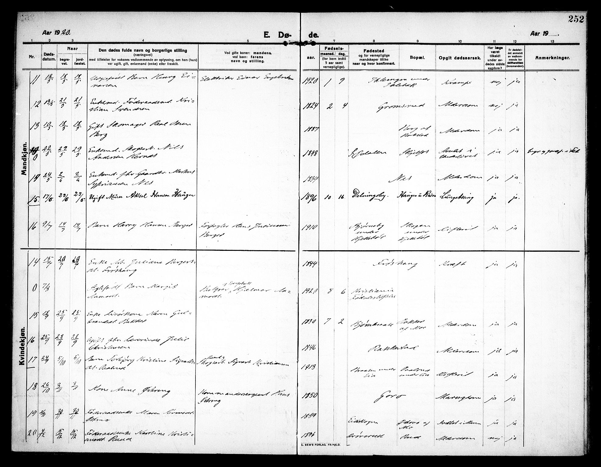 Høland prestekontor Kirkebøker, SAO/A-10346a/F/Fa/L0016: Parish register (official) no. I 16, 1912-1921, p. 252