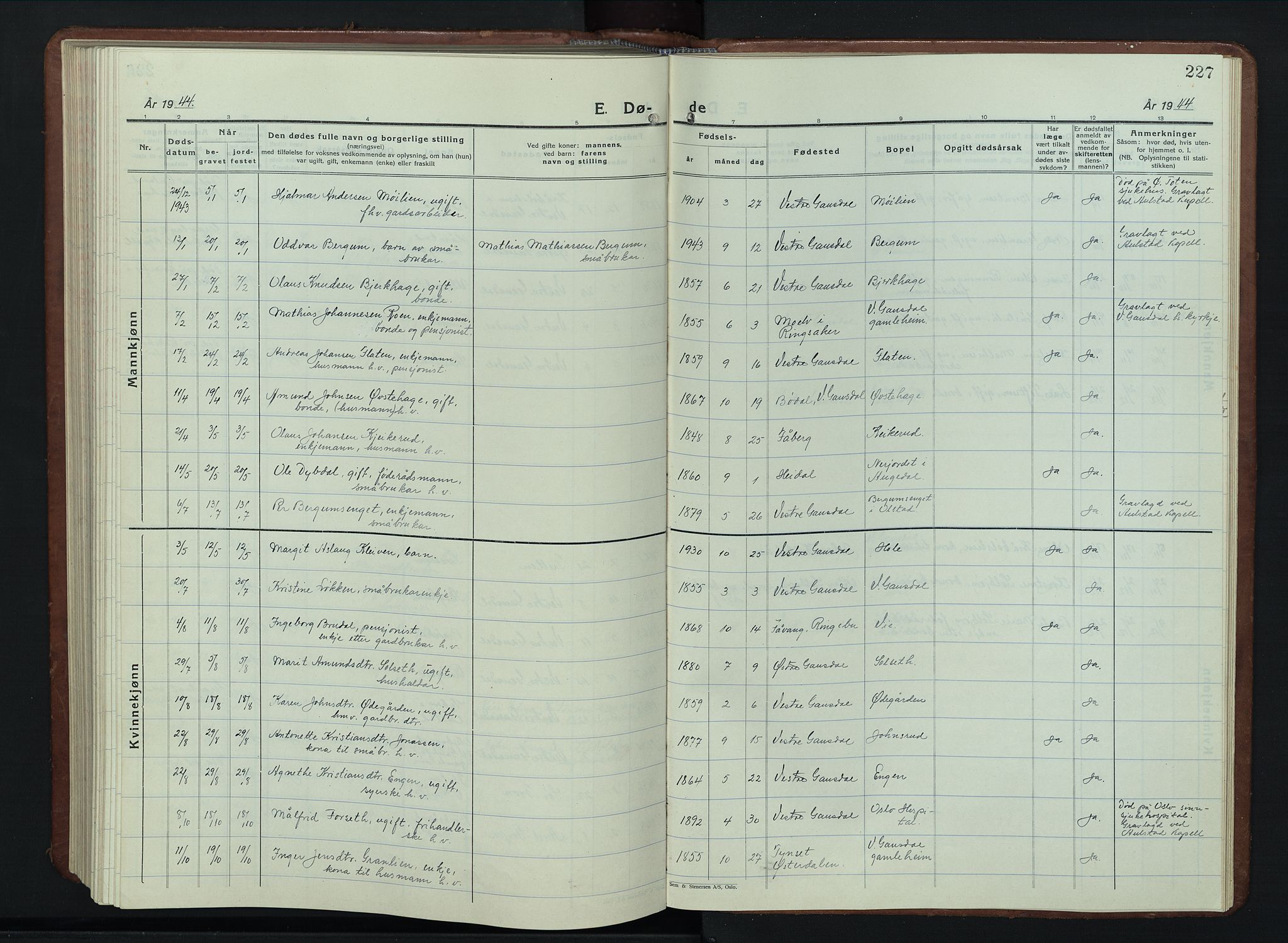 Vestre Gausdal prestekontor, AV/SAH-PREST-094/H/Ha/Hab/L0005: Parish register (copy) no. 5, 1926-1955, p. 227
