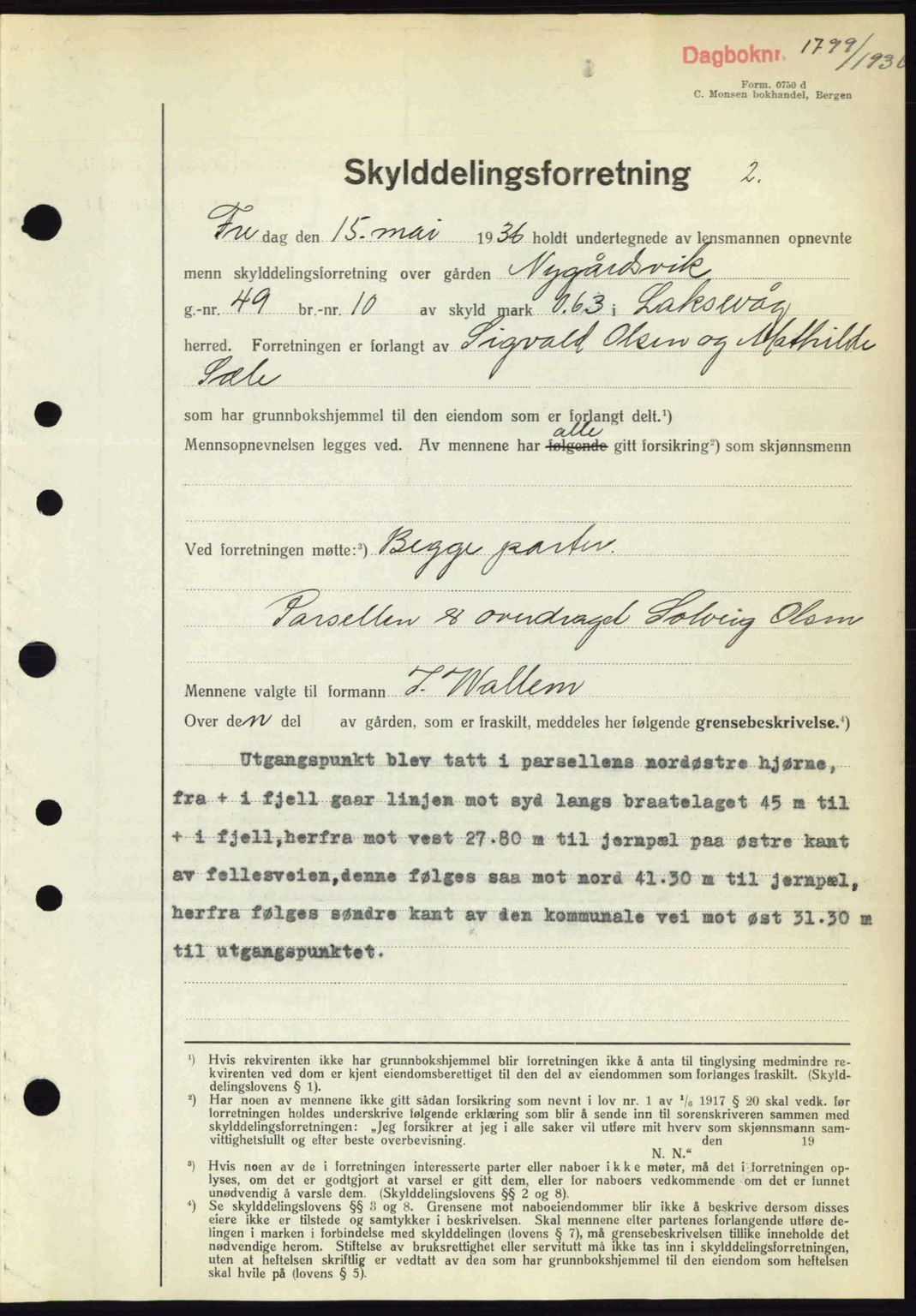 Midhordland sorenskriveri, SAB/A-3001/1/G/Gb/Gbk/L0001: Mortgage book no. A1-6, 1936-1937, Diary no: : 1799/1936