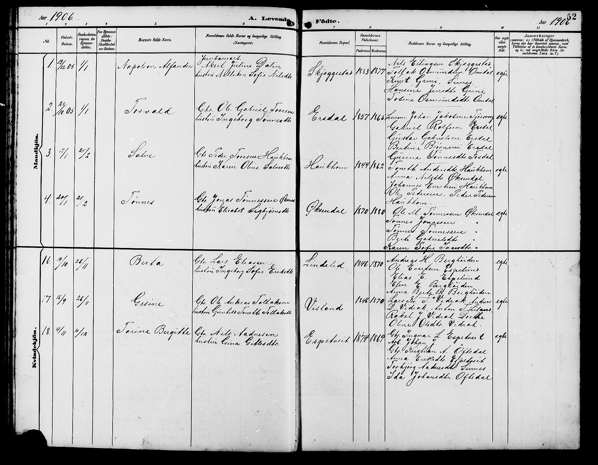 Bakke sokneprestkontor, SAK/1111-0002/F/Fb/Fba/L0003: Parish register (copy) no. B 3, 1894-1910, p. 52