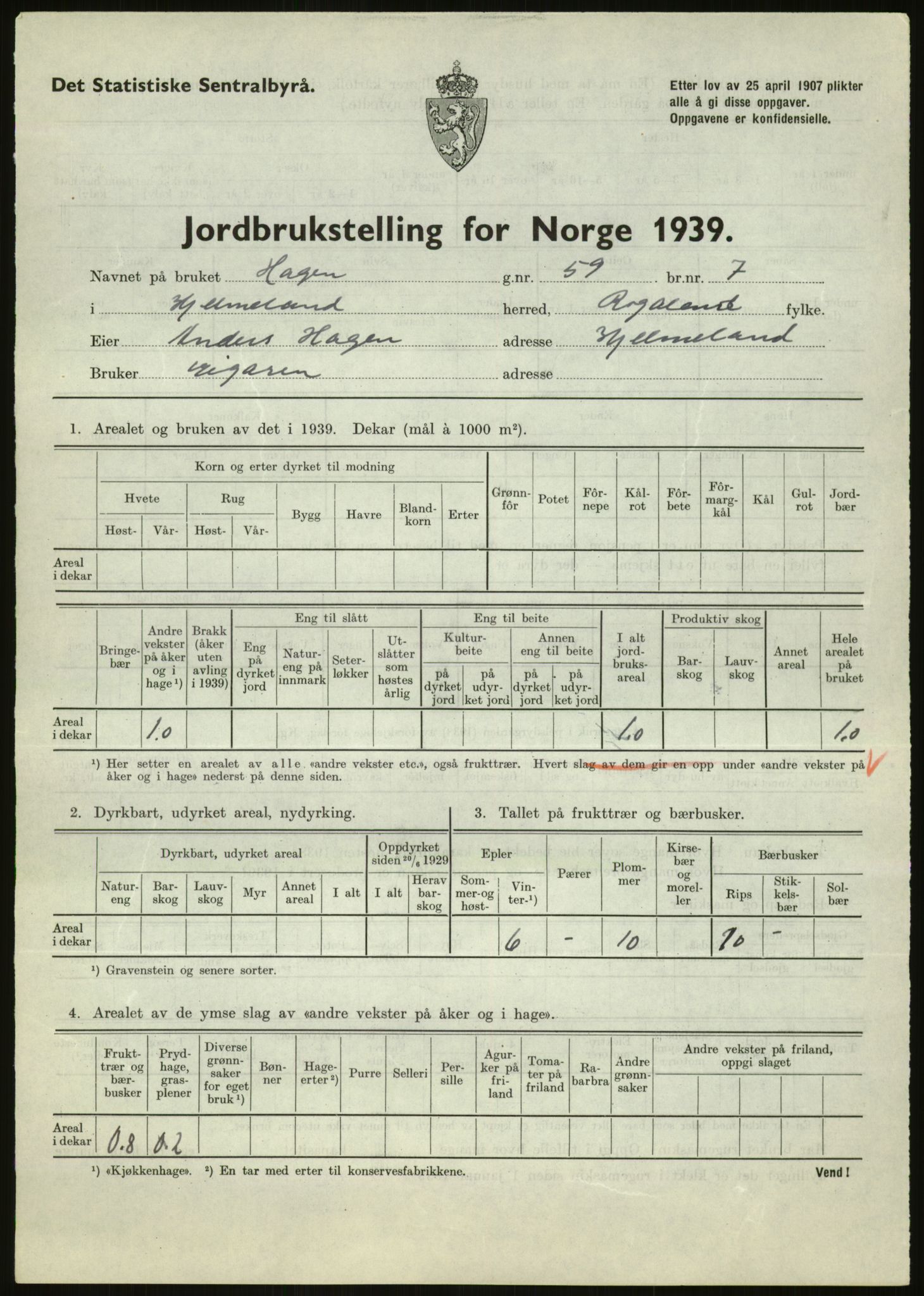 Statistisk sentralbyrå, Næringsøkonomiske emner, Jordbruk, skogbruk, jakt, fiske og fangst, AV/RA-S-2234/G/Gb/L0184: Rogaland: Årdal, Fister og Hjelmeland, 1939, p. 813