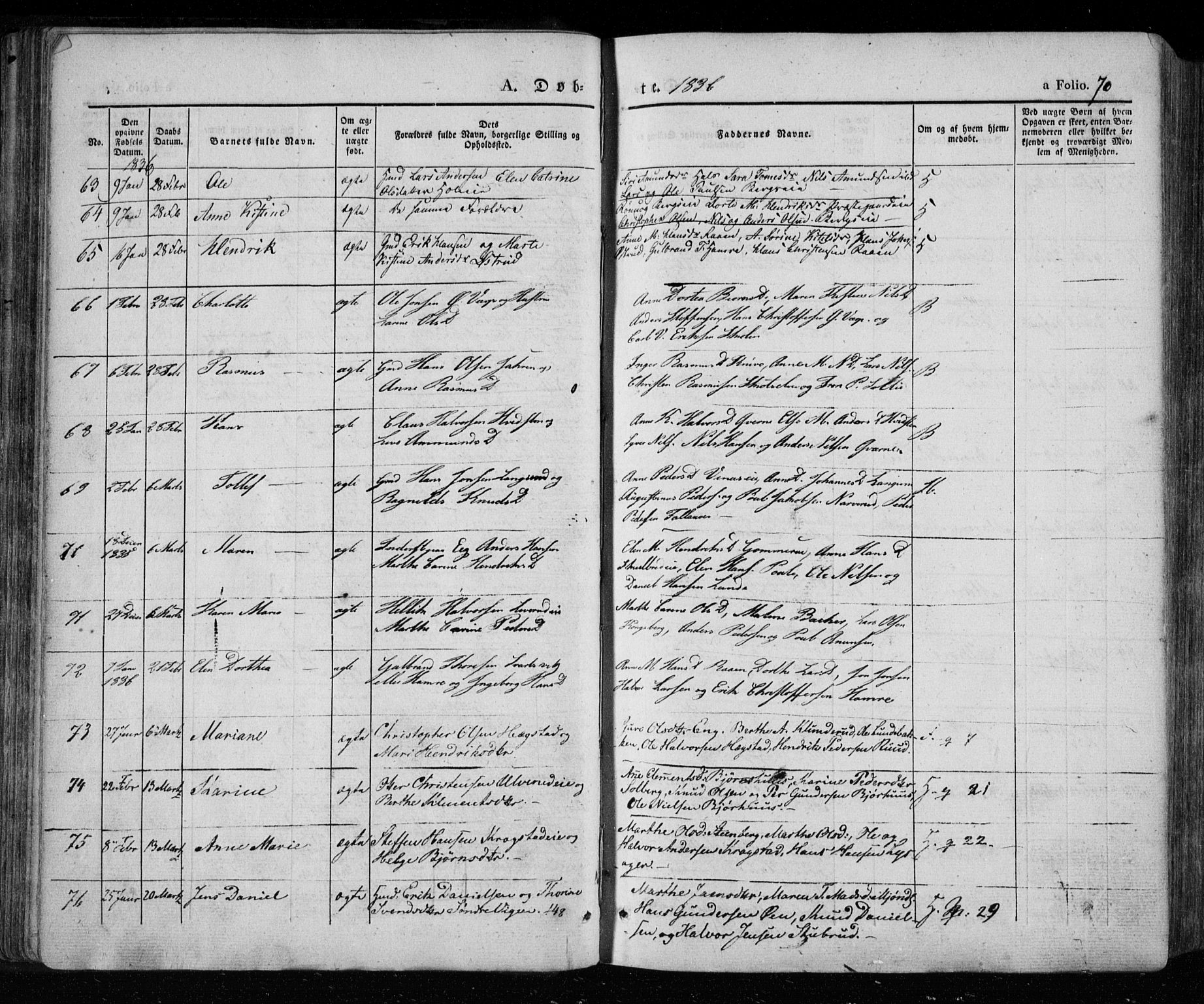 Eiker kirkebøker, AV/SAKO-A-4/F/Fa/L0013a: Parish register (official) no. I 13A, 1832-1845, p. 70