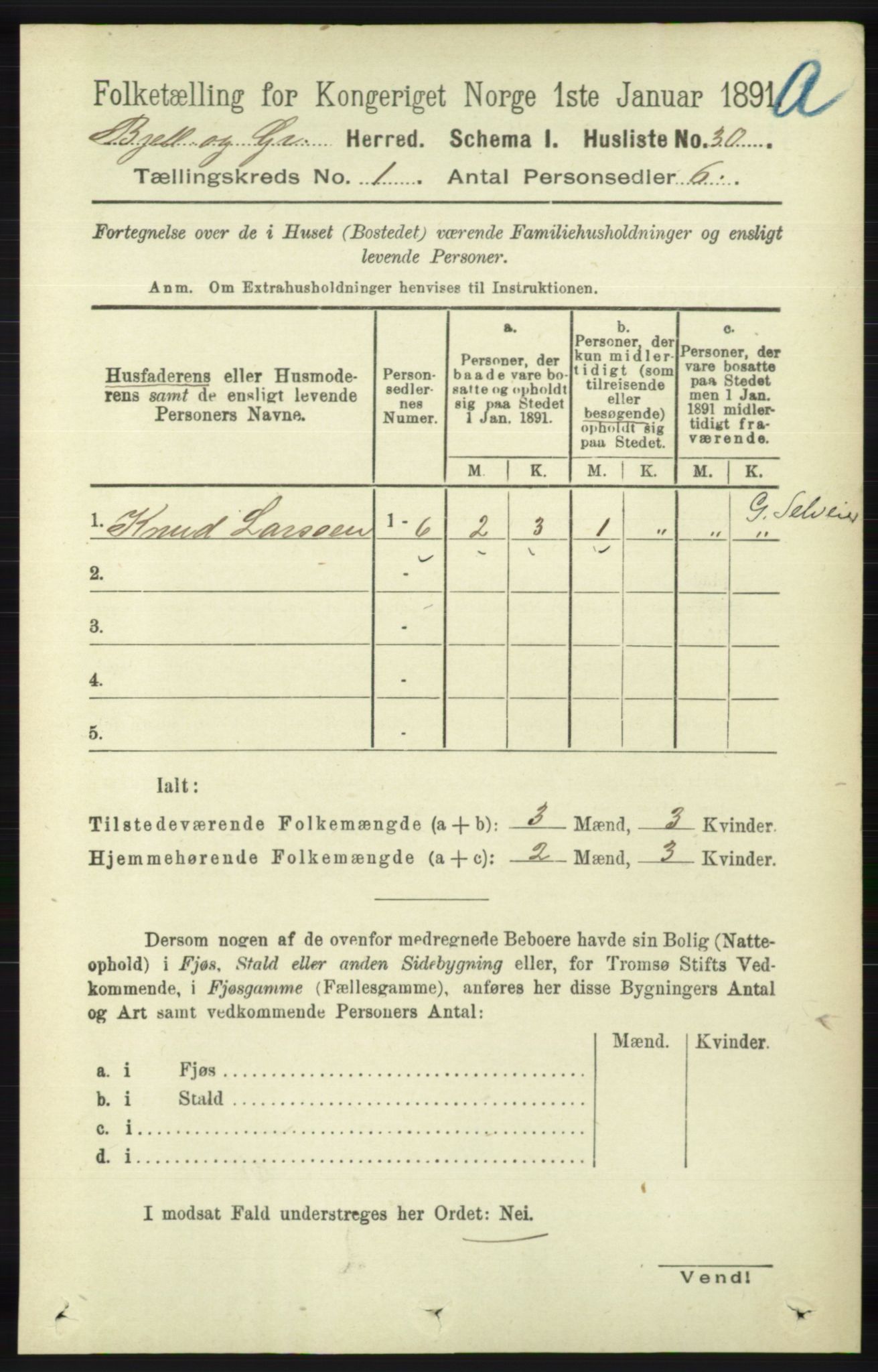 RA, 1891 census for 1024 Bjelland og Grindheim, 1891, p. 52