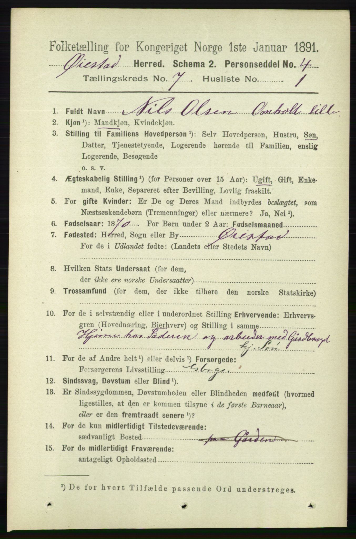 RA, 1891 census for 0920 Øyestad, 1891, p. 2658