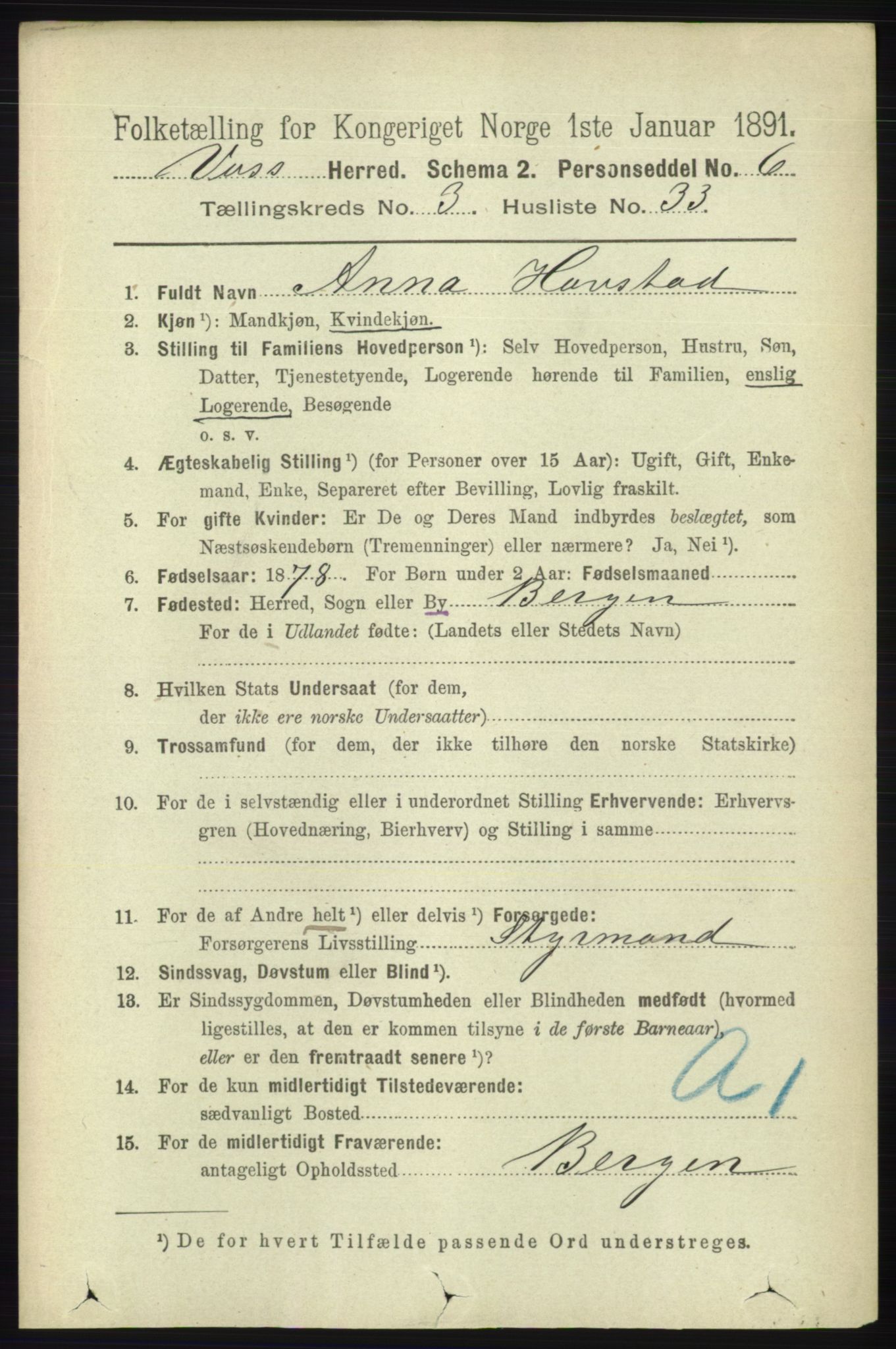 RA, 1891 census for 1235 Voss, 1891, p. 1389