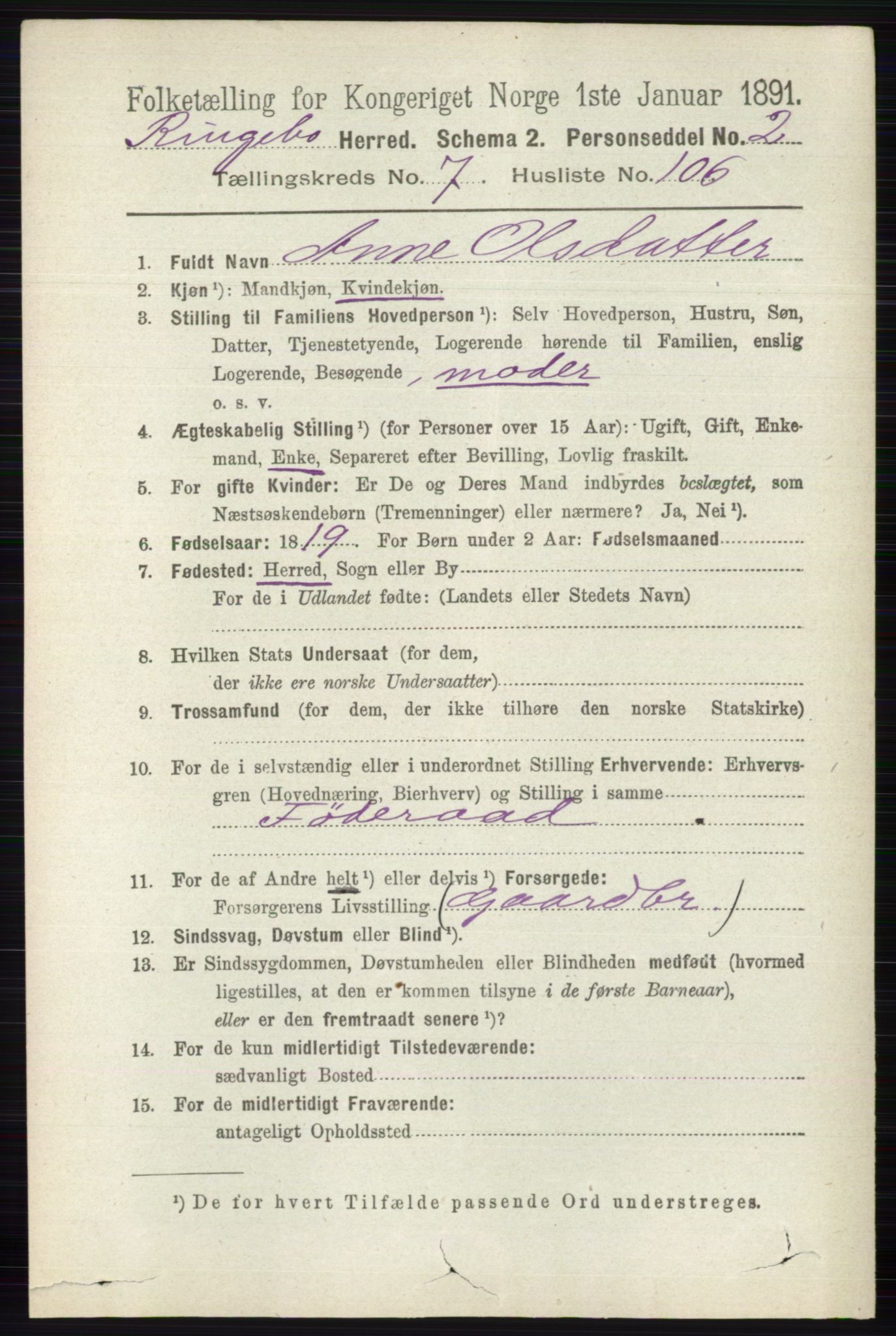 RA, 1891 census for 0520 Ringebu, 1891, p. 3566