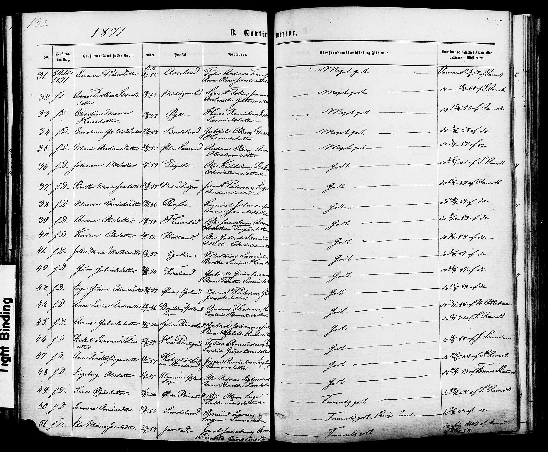Kvinesdal sokneprestkontor, SAK/1111-0026/F/Fa/Fab/L0007: Parish register (official) no. A 7, 1870-1885, p. 130