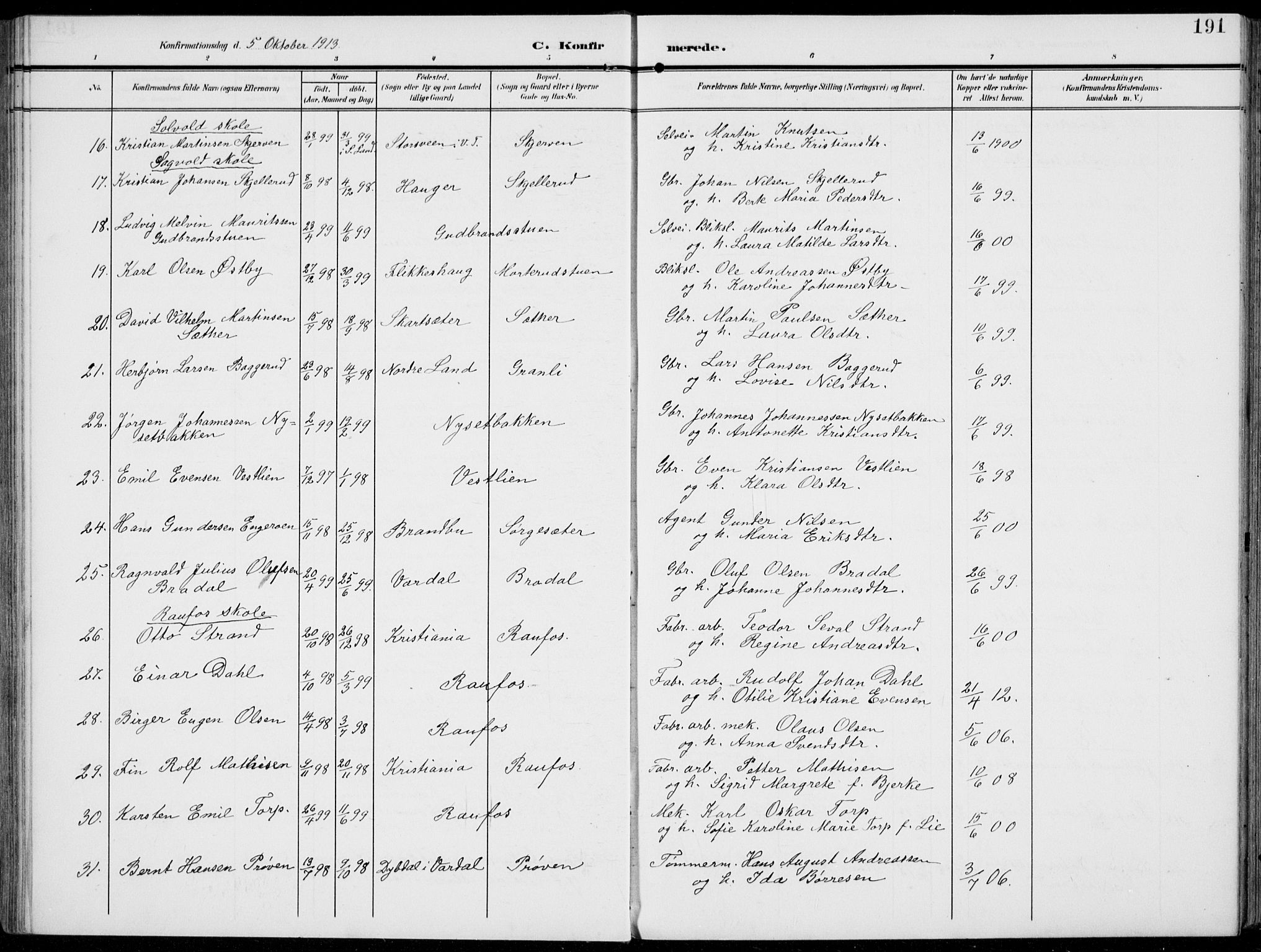 Vestre Toten prestekontor, AV/SAH-PREST-108/H/Ha/Haa/L0014: Parish register (official) no. 14, 1907-1920, p. 191