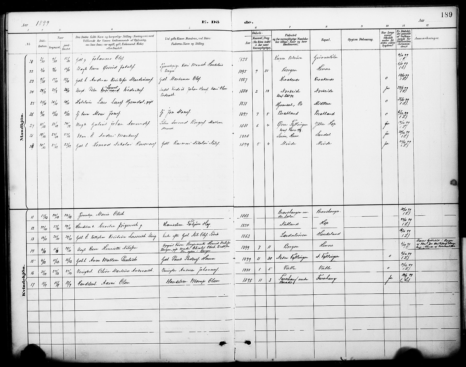 Fana Sokneprestembete, AV/SAB-A-75101/H/Haa/Haai/L0002: Parish register (official) no. I 2, 1888-1899, p. 189