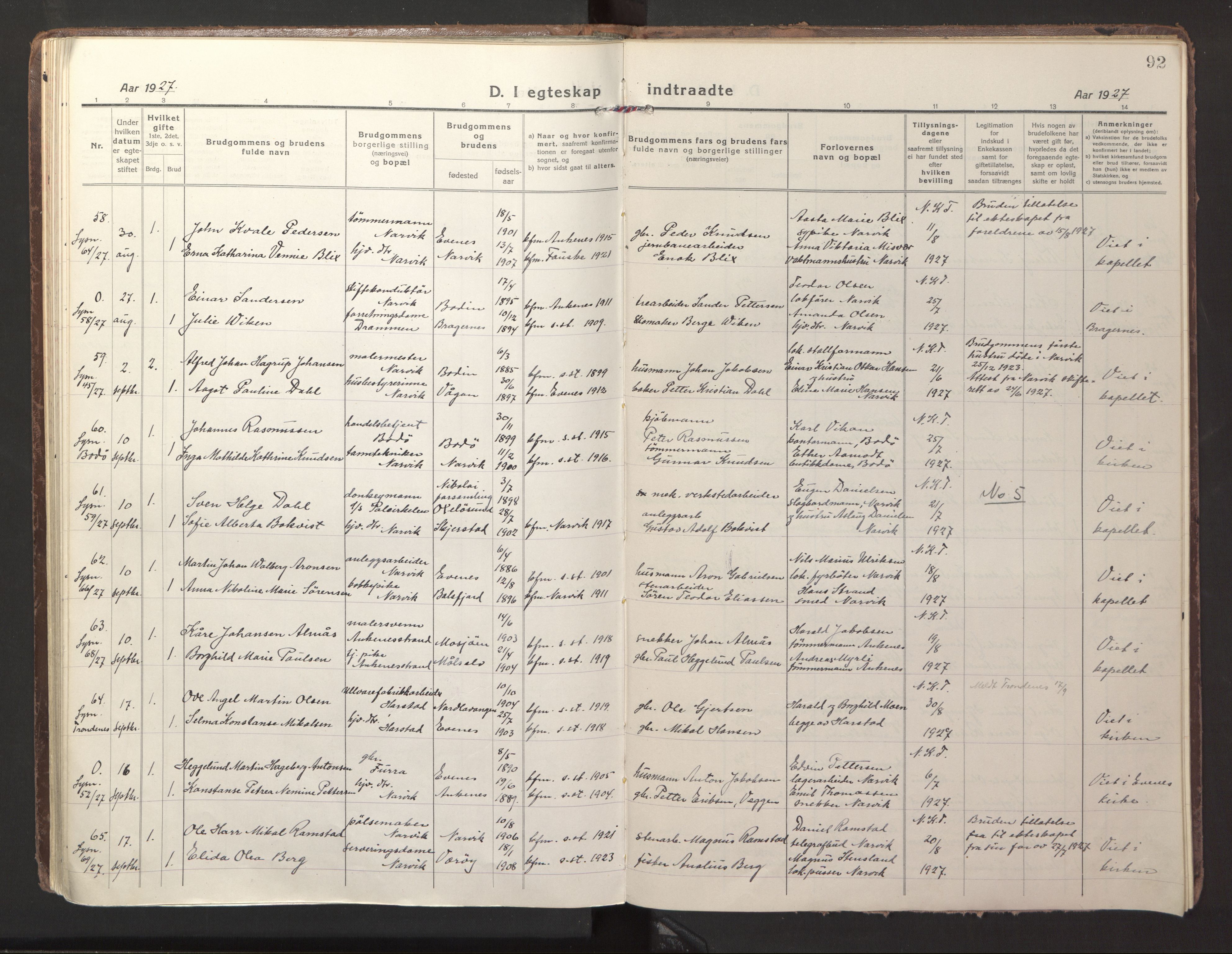 Ministerialprotokoller, klokkerbøker og fødselsregistre - Nordland, AV/SAT-A-1459/871/L1002: Parish register (official) no. 871A18, 1917-1926, p. 92