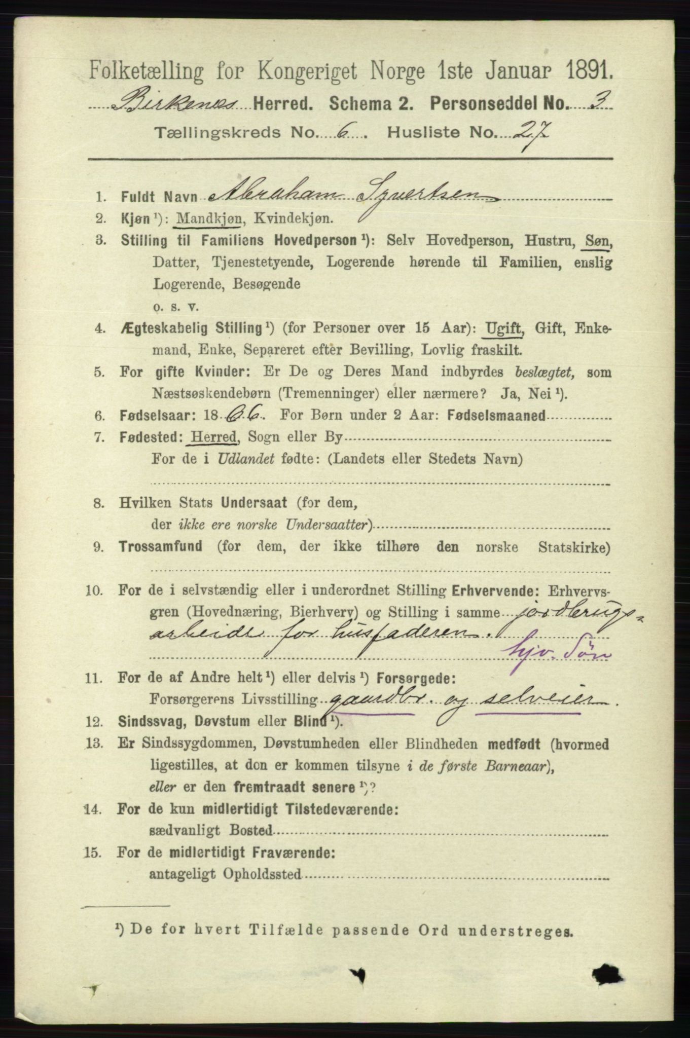 RA, 1891 Census for 0928 Birkenes, 1891, p. 1939