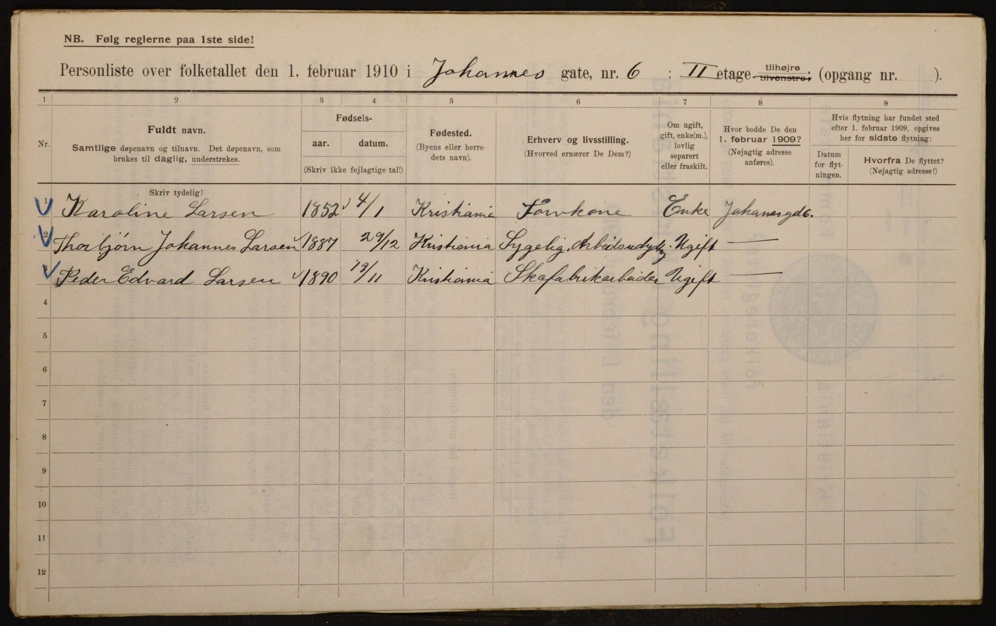 OBA, Municipal Census 1910 for Kristiania, 1910, p. 45853