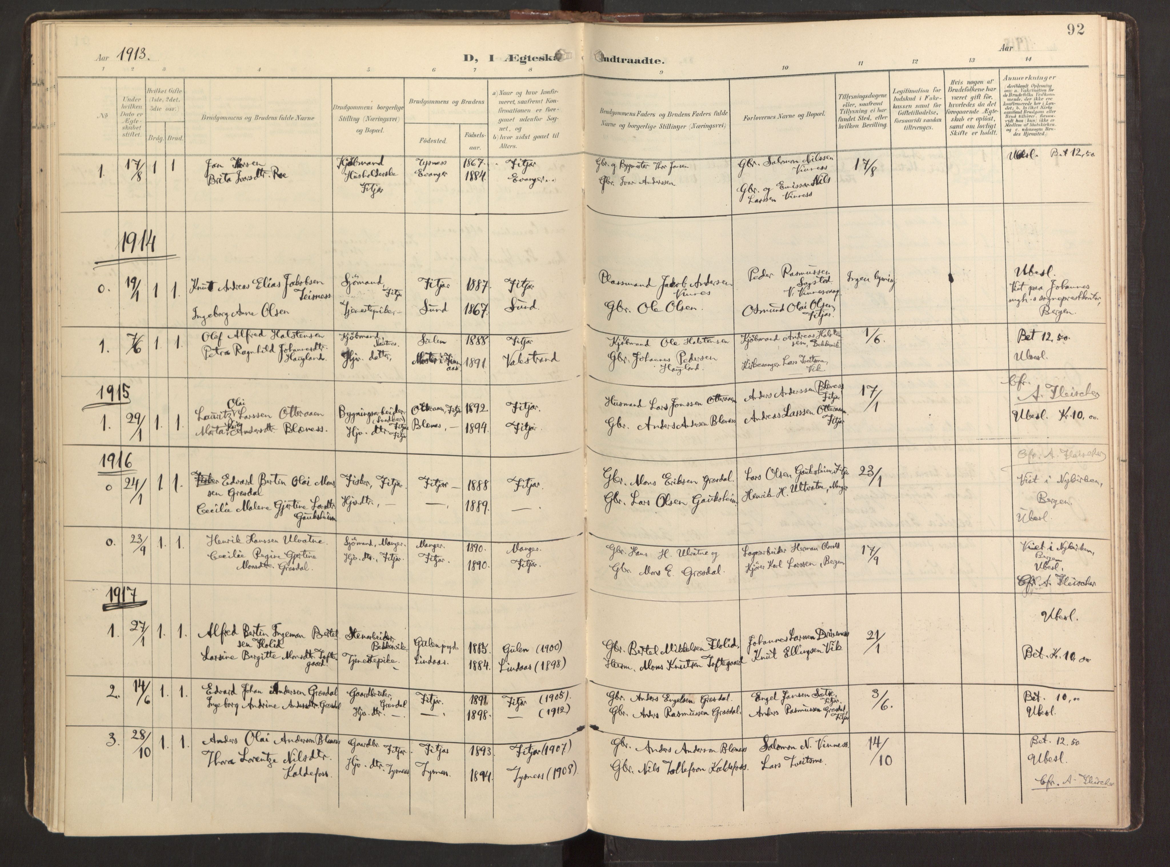 Fitjar sokneprestembete, SAB/A-99926: Parish register (official) no. B 1, 1900-1926, p. 92