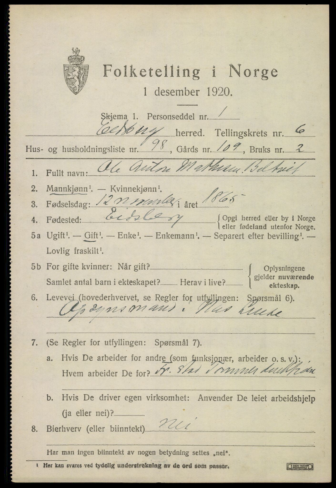 SAO, 1920 census for Eidsberg, 1920, p. 8507