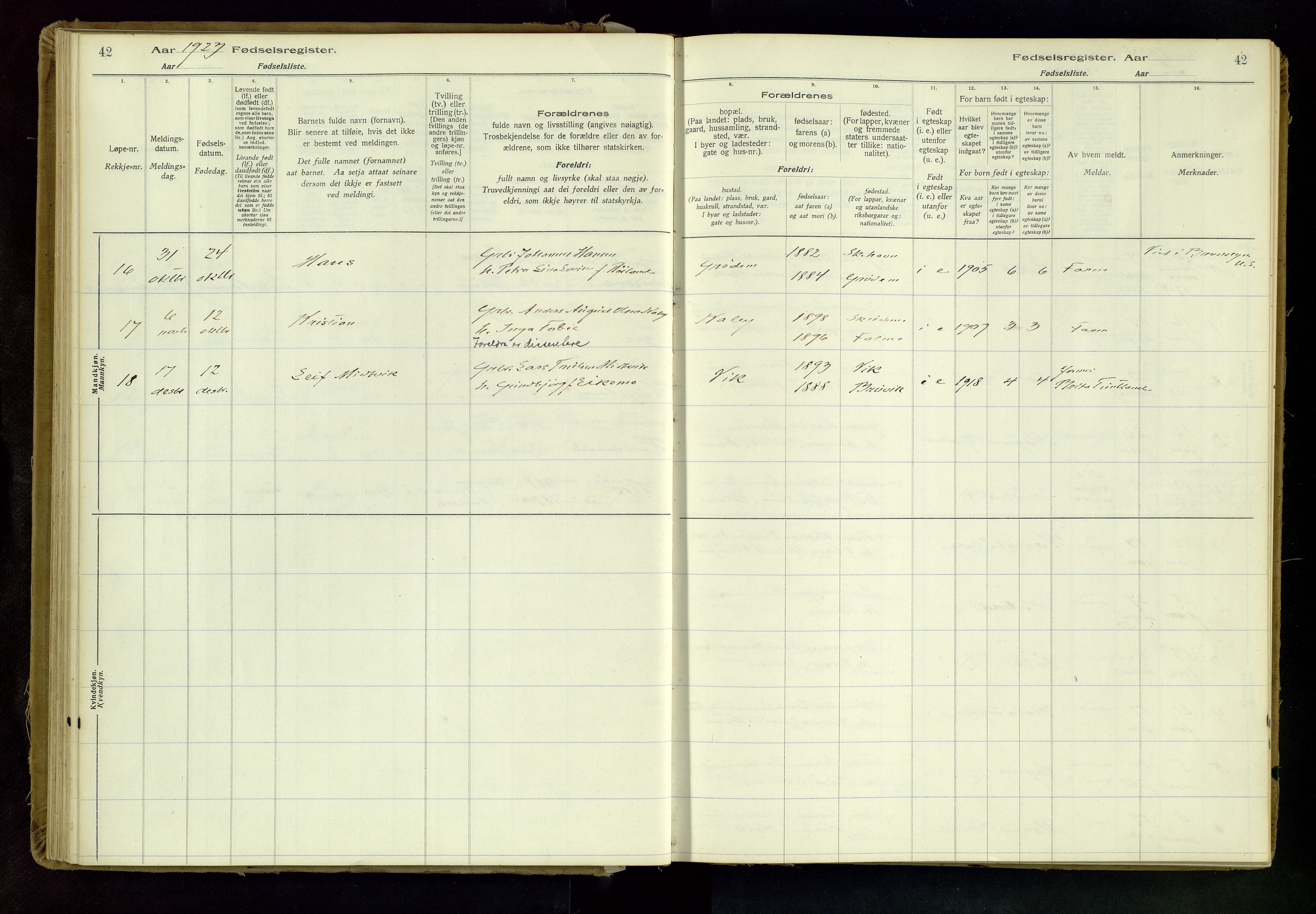 Skudenes sokneprestkontor, AV/SAST-A -101849/I/Id/L0001: Birth register no. 1, 1916-1964, p. 42