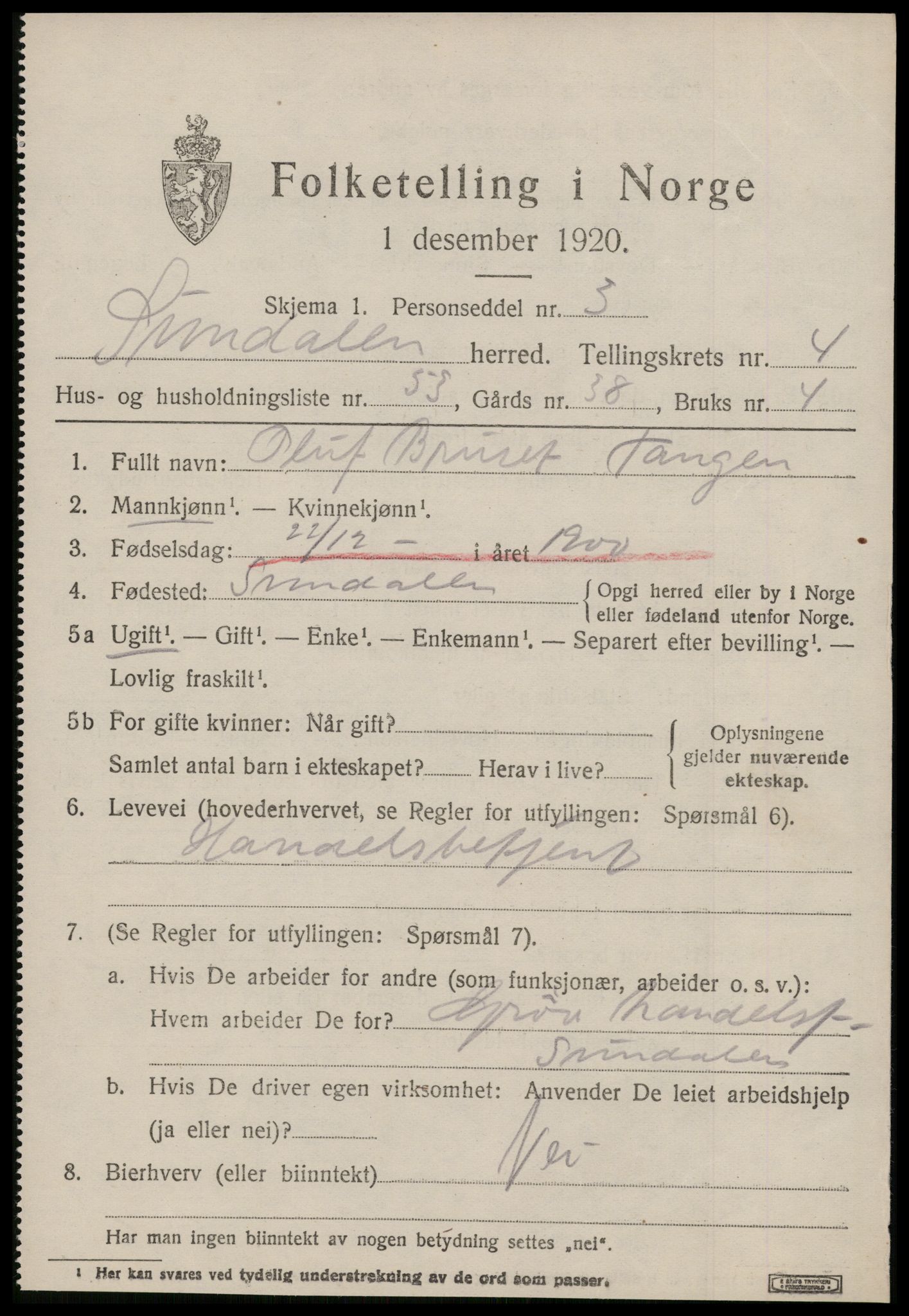 SAT, 1920 census for Sunndal, 1920, p. 3088