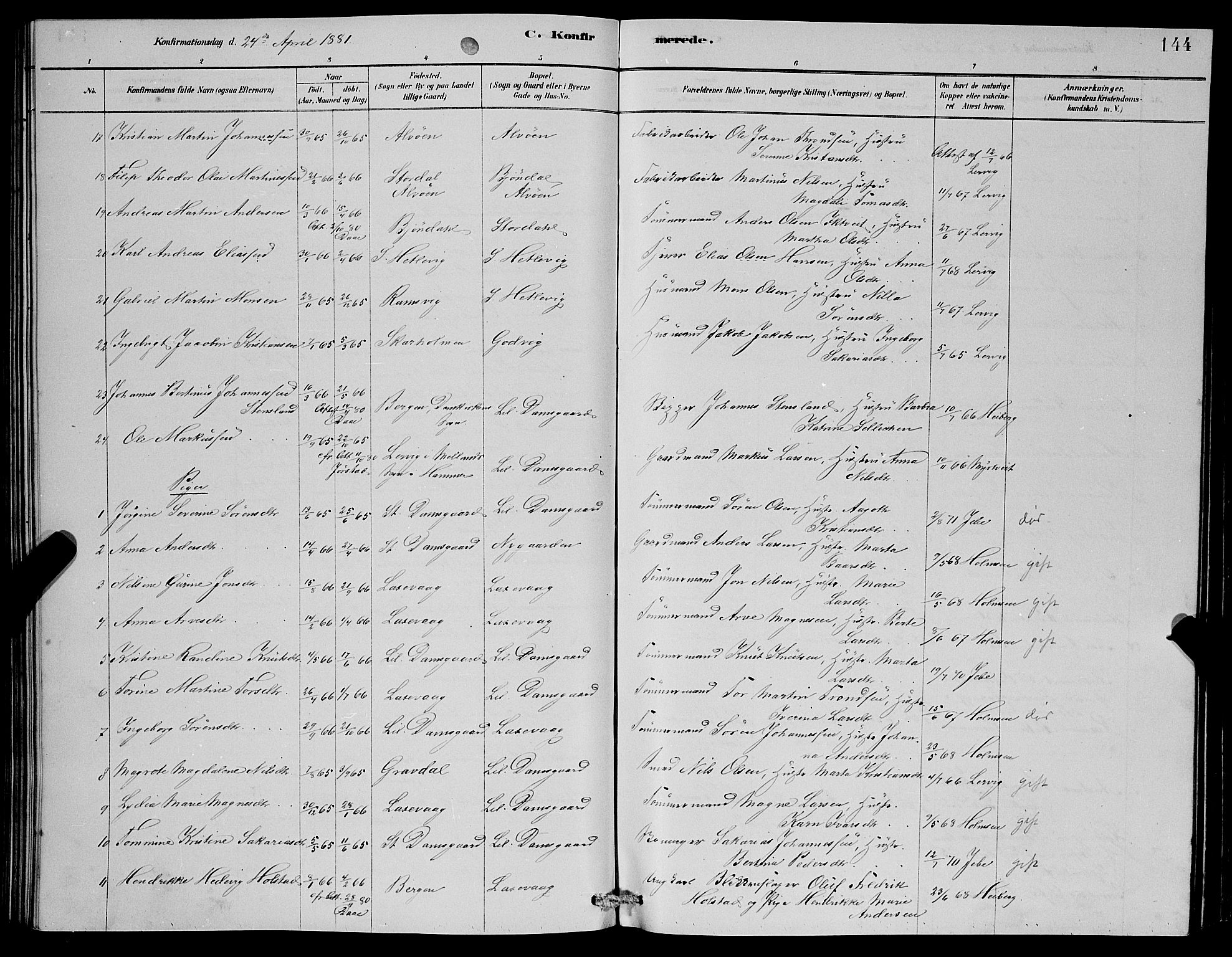 Laksevåg Sokneprestembete, SAB/A-76501/H/Ha/Hab/Haba/L0002: Parish register (copy) no. A 2, 1877-1887, p. 144