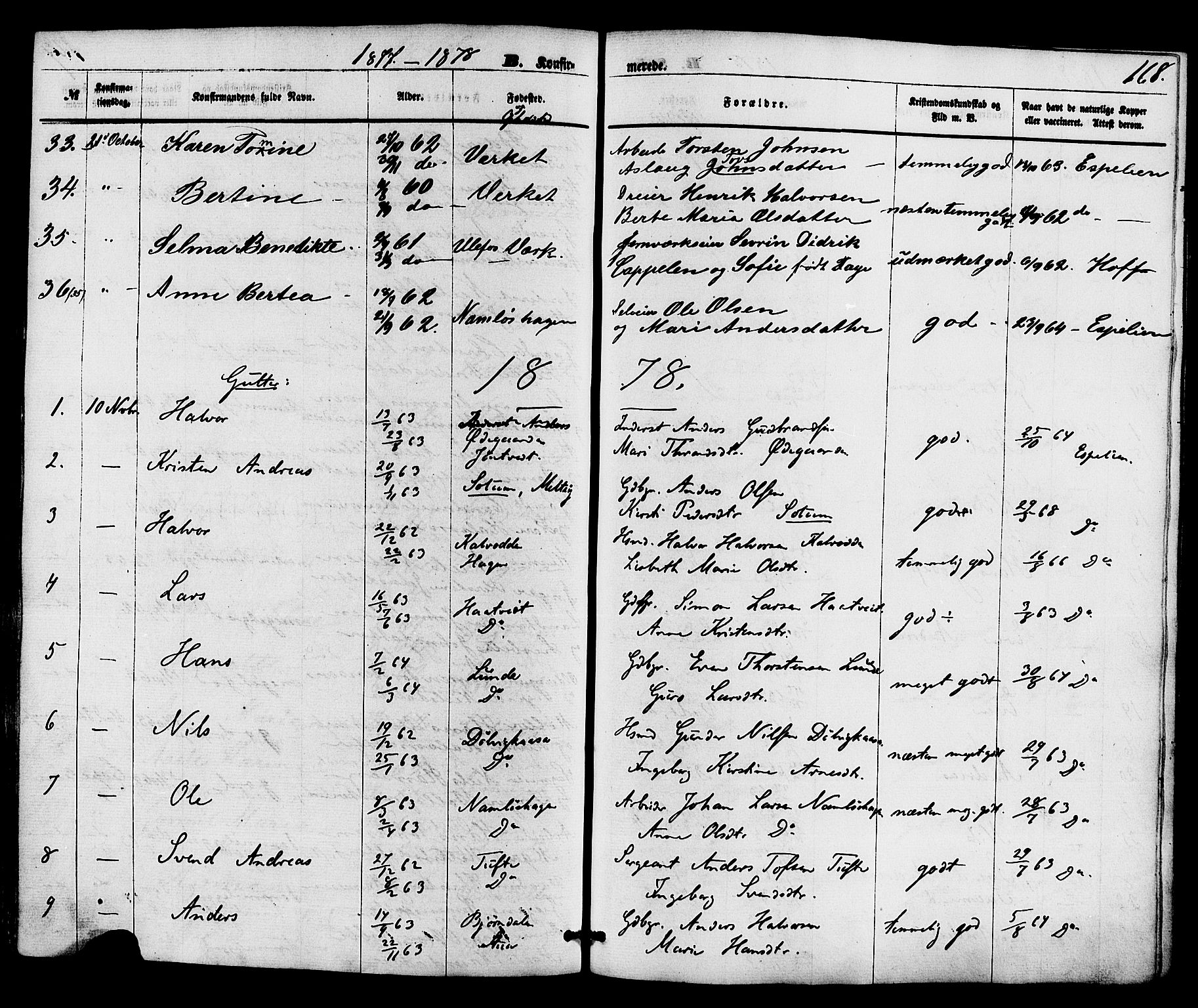 Holla kirkebøker, SAKO/A-272/F/Fa/L0007: Parish register (official) no. 7, 1869-1881, p. 168