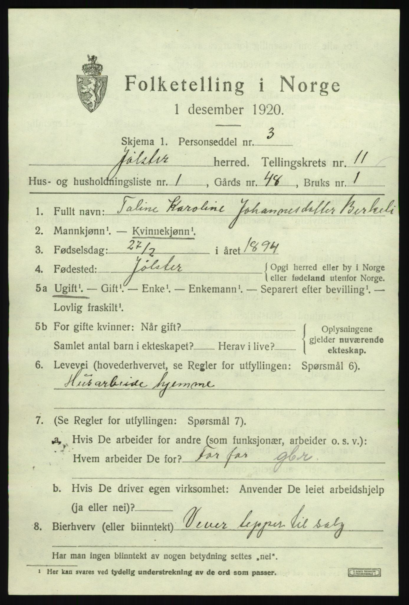 SAB, 1920 census for Jølster, 1920, p. 5058