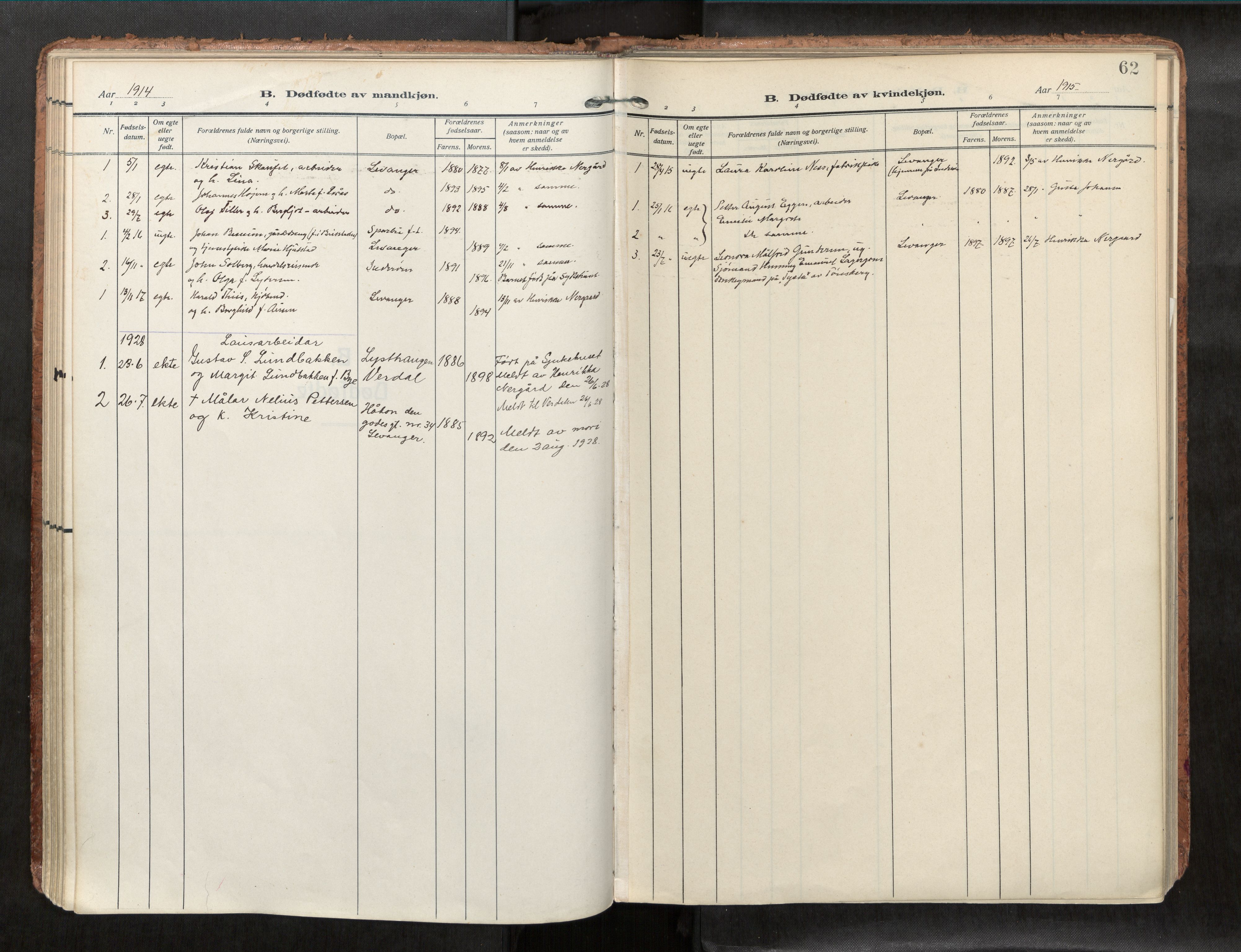 Levanger sokneprestkontor, SAT/A-1301/2/H/Haa/L0001: Parish register (official) no. 1, 1912-1932, p. 62