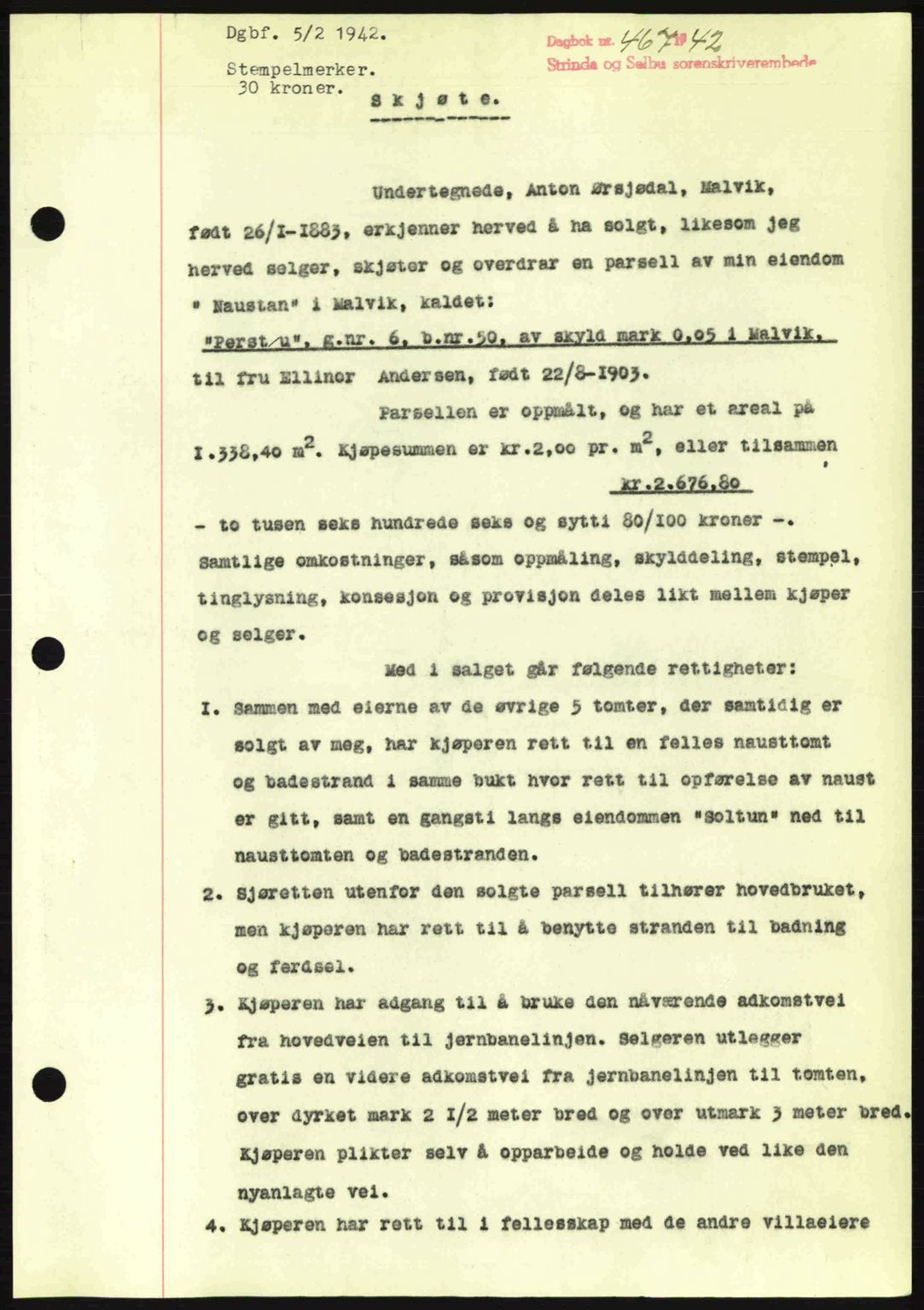 Strinda og Selbu sorenskriveri, AV/SAT-A-0015/2/2C: Mortgage book no. A6, 1941-1942, Diary no: : 467/1942