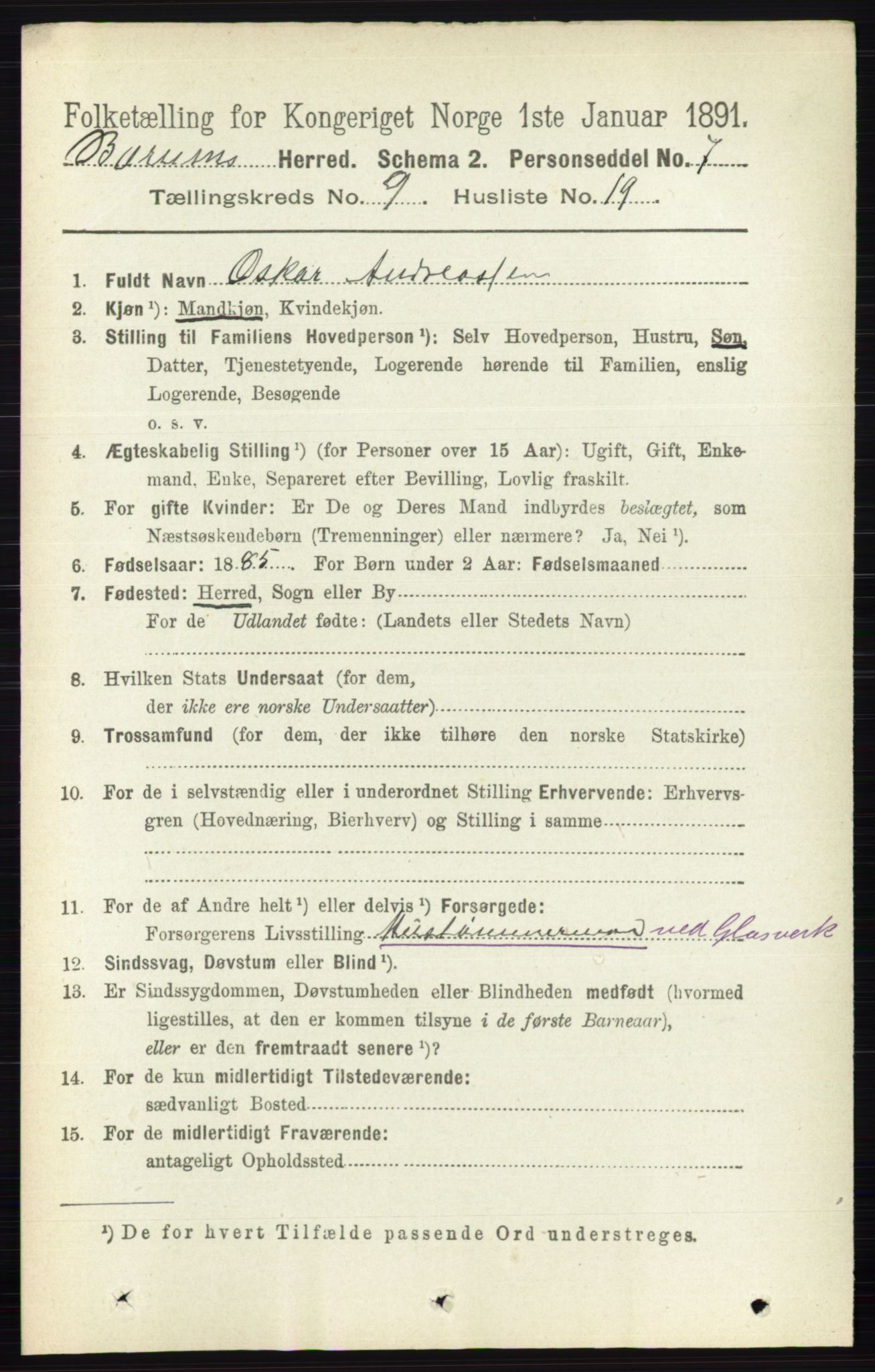 RA, 1891 census for 0219 Bærum, 1891, p. 5286